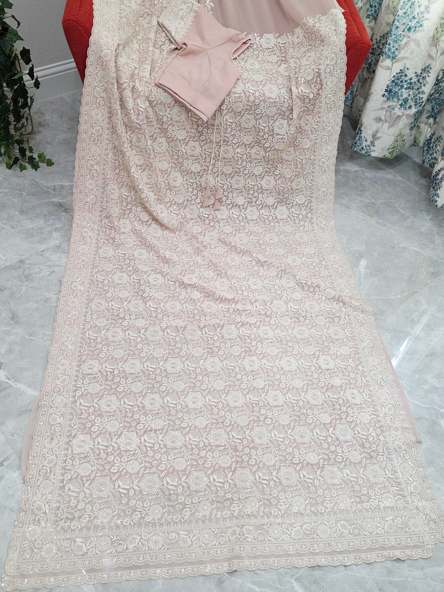 Blush Champagne Nude Viscose Georgette Saree with Pearl White Chikankari Embroidery & Stitched Blouse