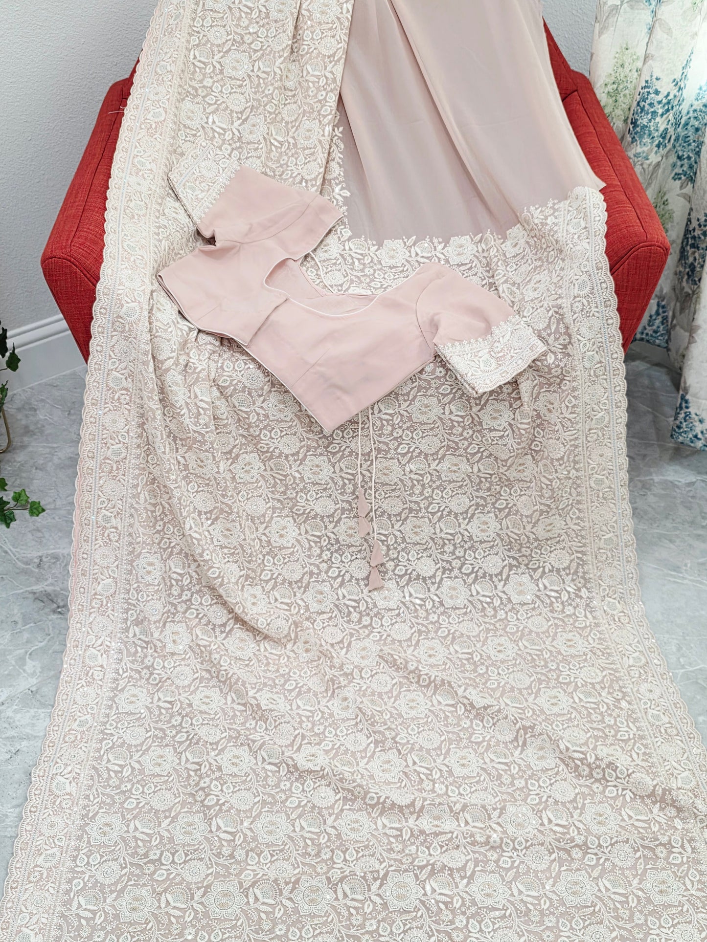 Blush Champagne Nude Viscose Georgette Saree with Pearl White Chikankari Embroidery & Stitched Blouse