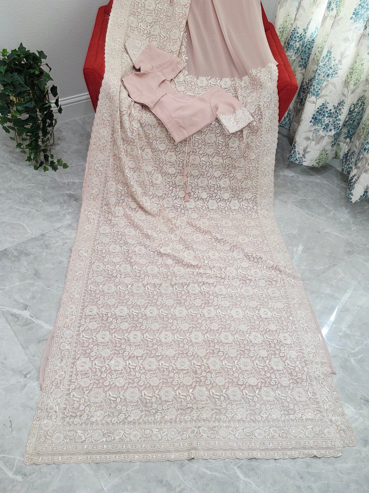 Blush Champagne Nude Viscose Georgette Saree with Pearl White Chikankari Embroidery & Stitched Blouse