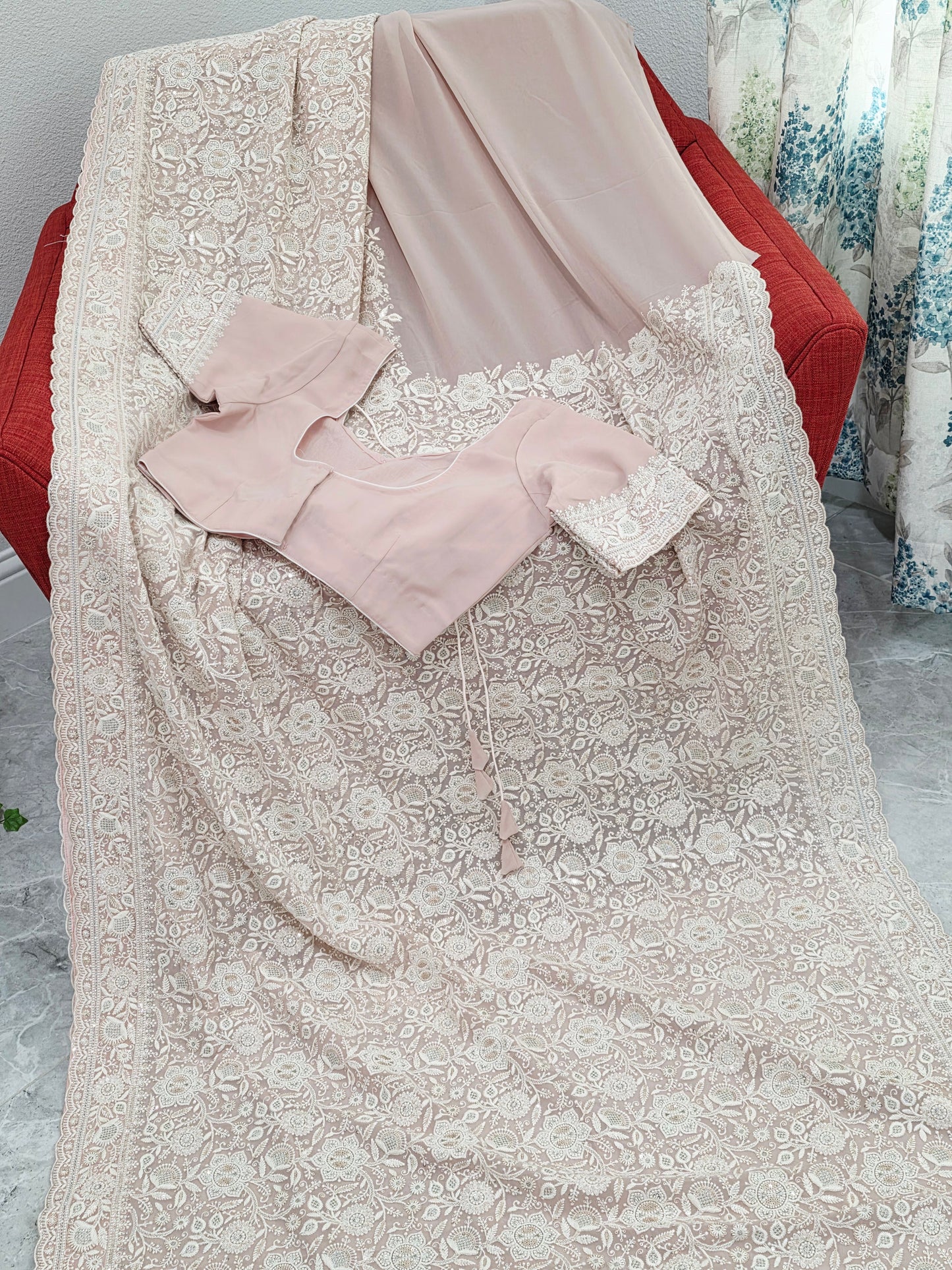 Blush Champagne Nude Viscose Georgette Saree with Pearl White Chikankari Embroidery & Stitched Blouse