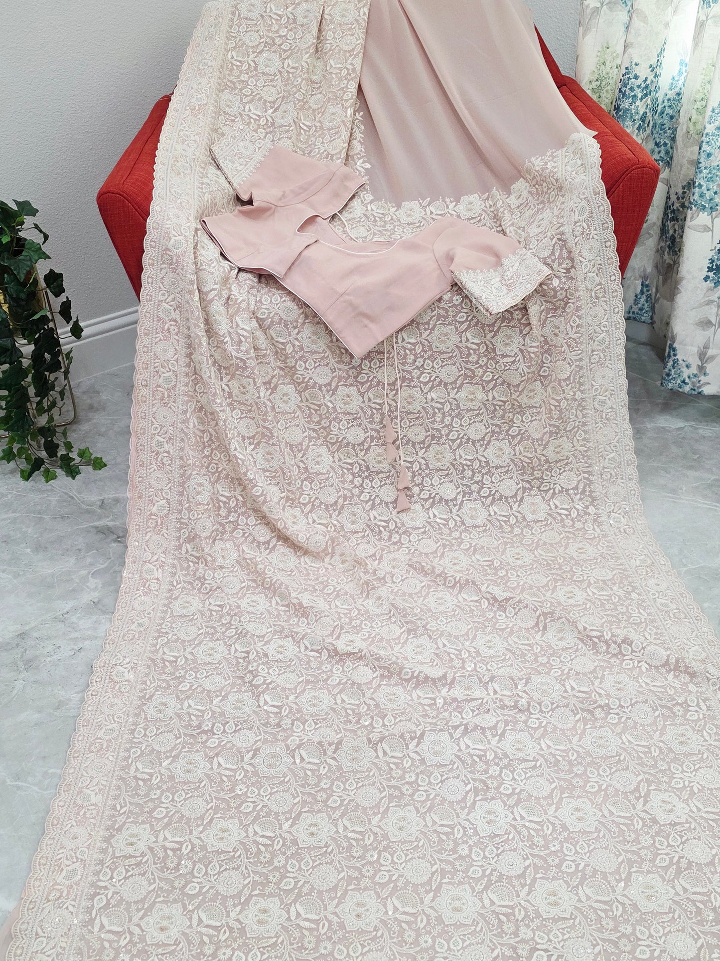 Blush Champagne Nude Viscose Georgette Saree with Pearl White Chikankari Embroidery & Stitched Blouse