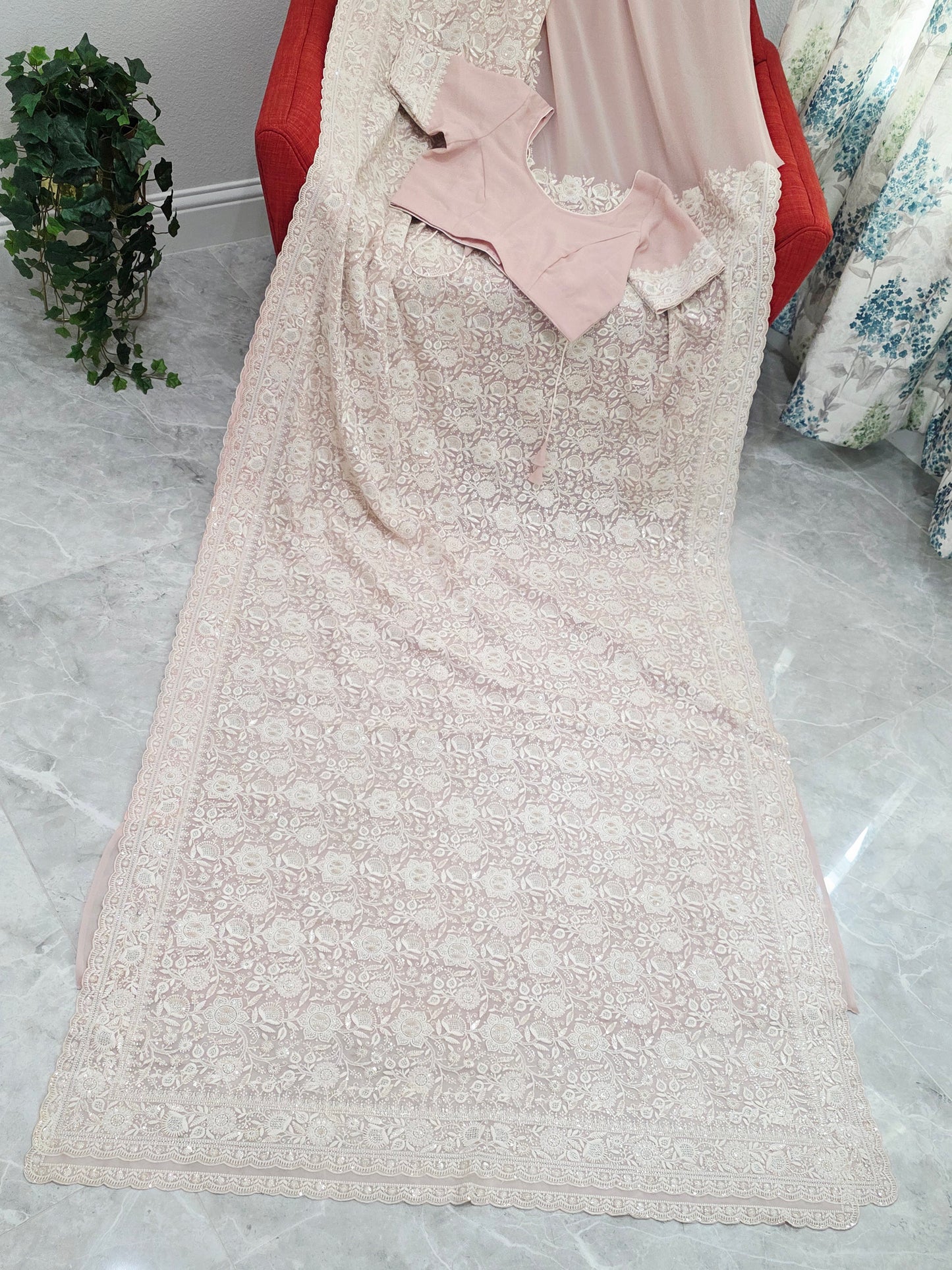 Blush Champagne Nude Viscose Georgette Saree with Pearl White Chikankari Embroidery & Stitched Blouse