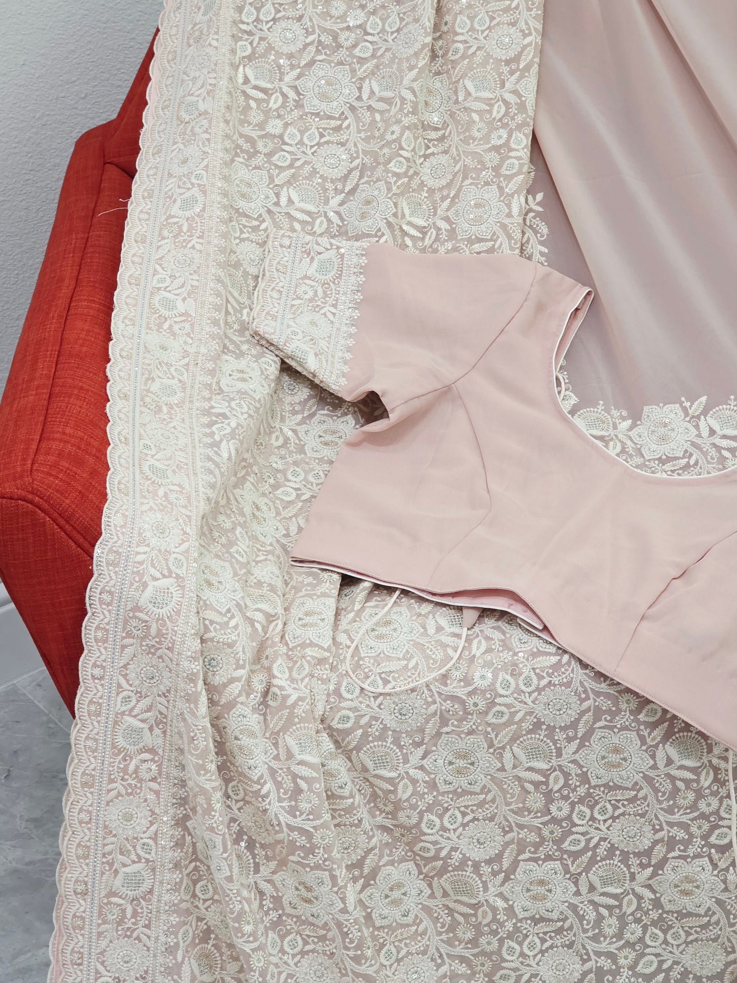 Blush Champagne Nude Viscose Georgette Saree with Pearl White Chikankari Embroidery & Stitched Blouse