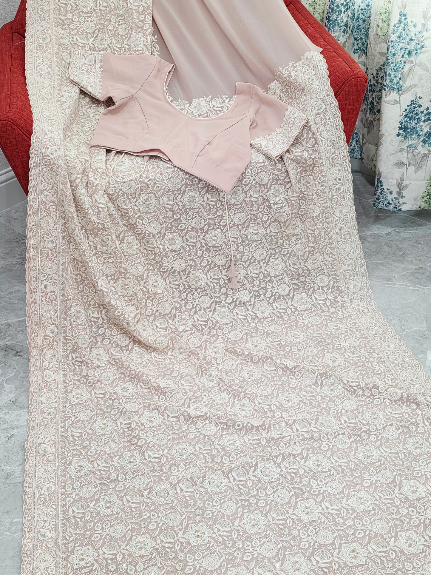 Blush Champagne Nude Viscose Georgette Saree with Pearl White Chikankari Embroidery & Stitched Blouse