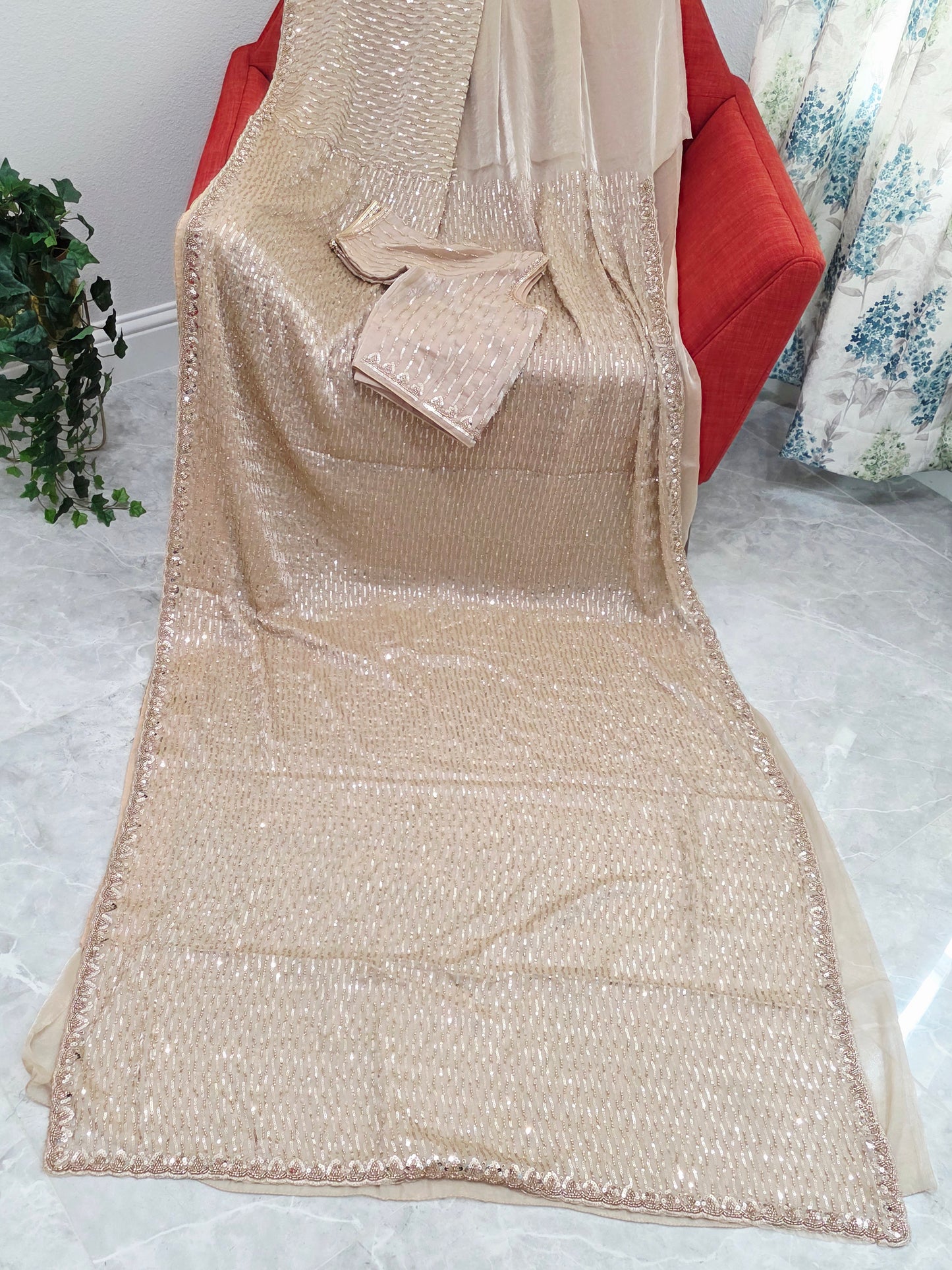 Champagne Ivory Soft Tissue Space Silk Sequin Saree with Stitched Blouse | Luxury Cocktail Party Saree