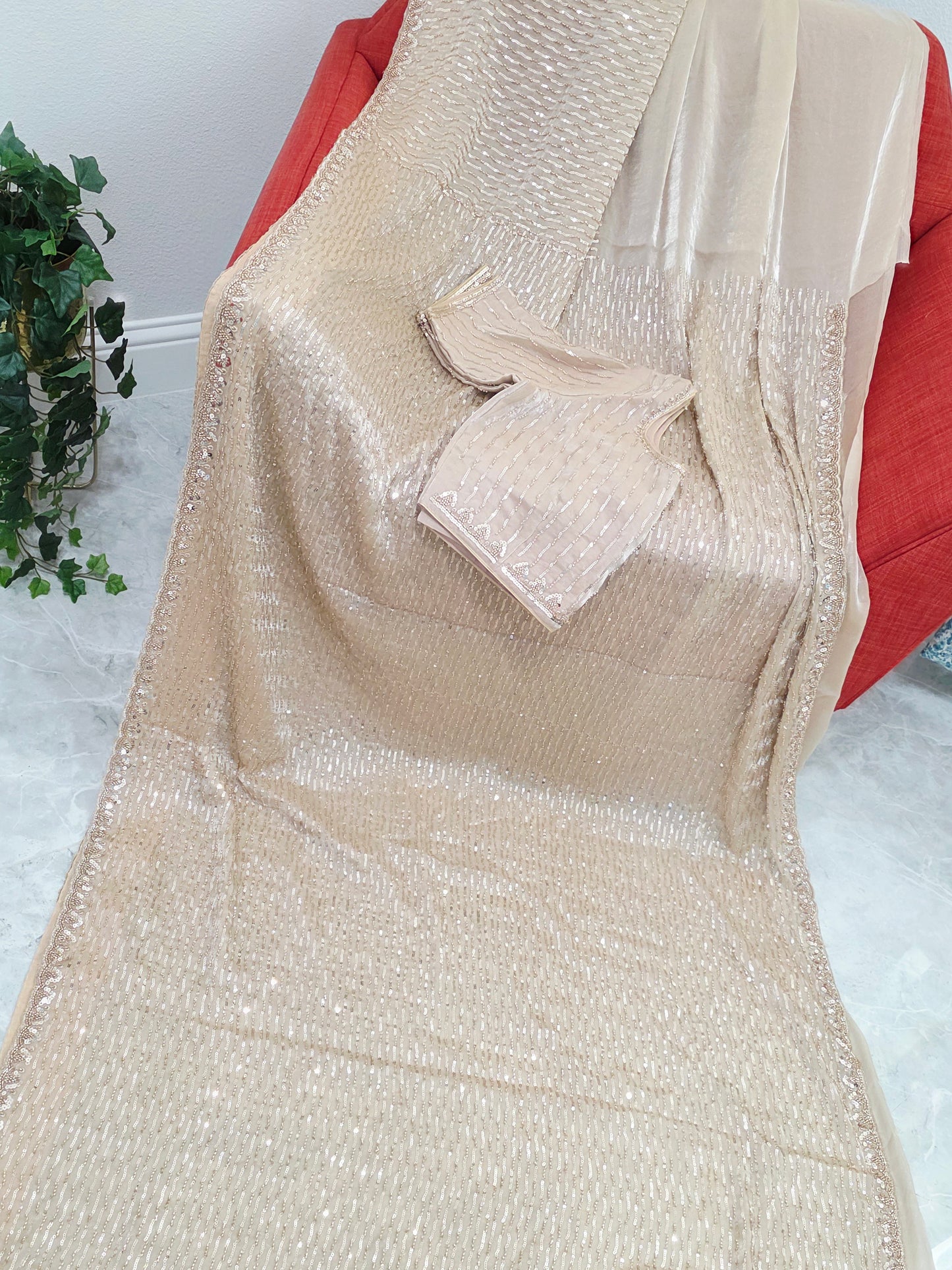 Champagne Ivory Soft Tissue Space Silk Sequin Saree with Stitched Blouse | Luxury Cocktail Party Saree