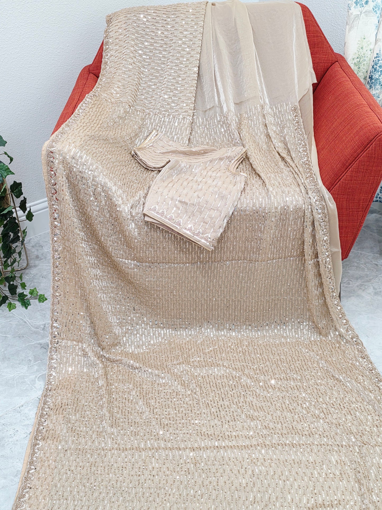 Champagne Ivory Soft Tissue Space Silk Sequin Saree with Stitched Blouse | Luxury Cocktail Party Saree