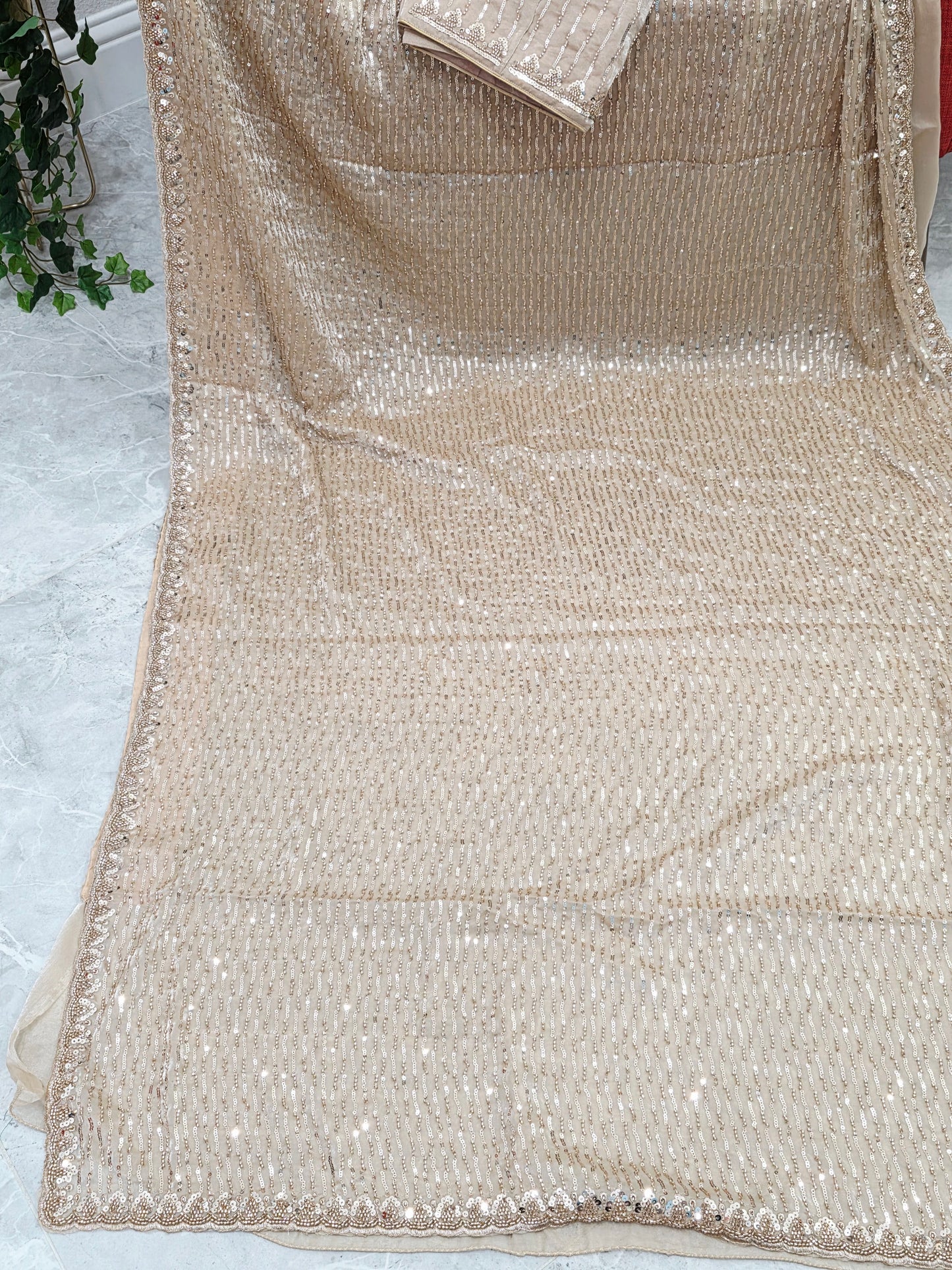 Champagne Ivory Soft Tissue Space Silk Sequin Saree with Stitched Blouse | Luxury Cocktail Party Saree