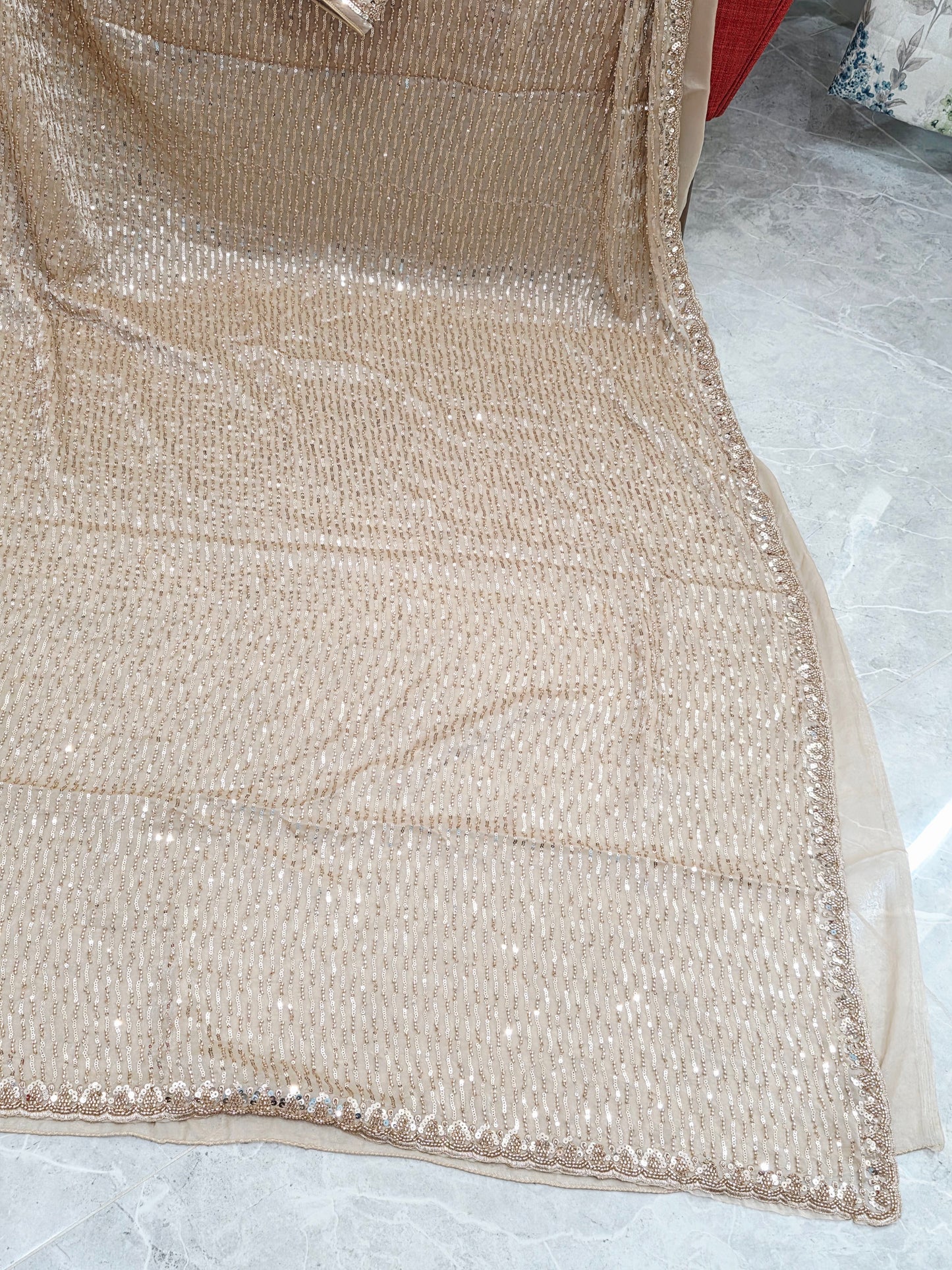 Champagne Ivory Soft Tissue Space Silk Sequin Saree with Stitched Blouse | Luxury Cocktail Party Saree