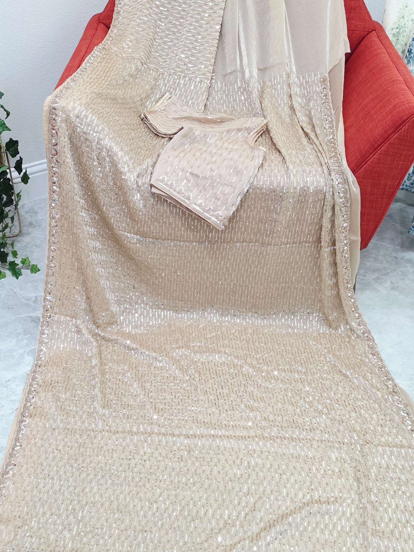 Champagne Ivory Soft Tissue Space Silk Sequin Saree with Stitched Blouse | Luxury Cocktail Party Saree