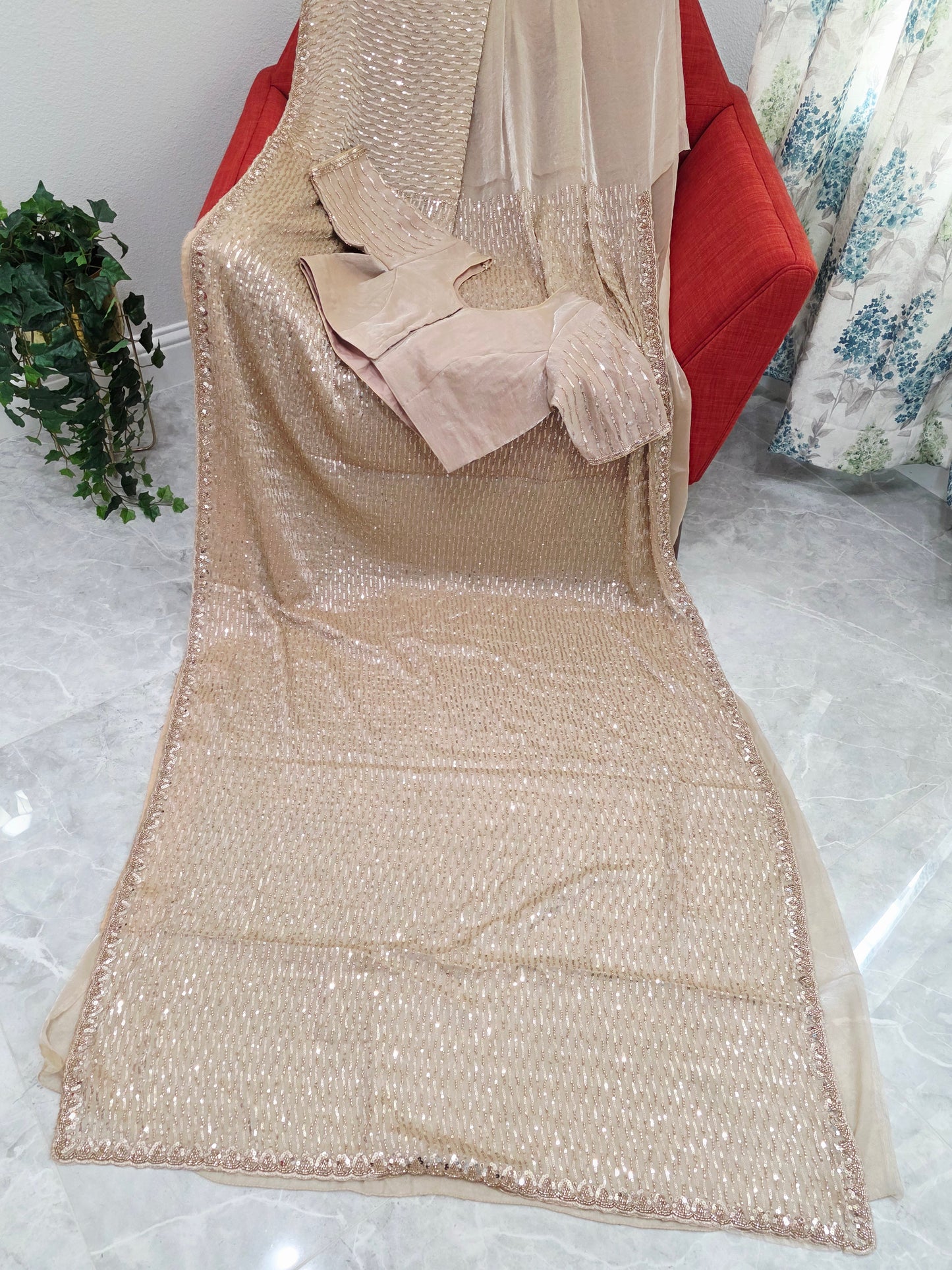 Champagne Ivory Soft Tissue Space Silk Sequin Saree with Stitched Blouse | Luxury Cocktail Party Saree