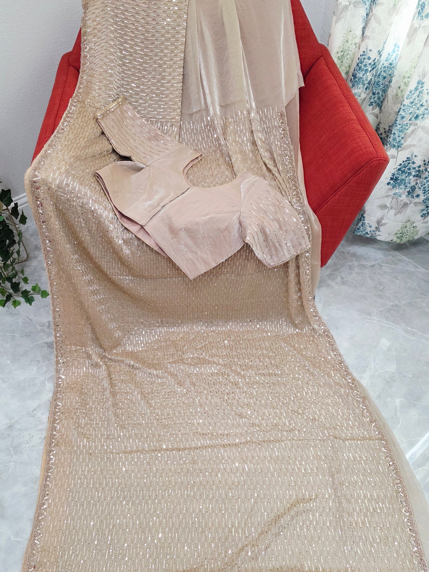 Champagne Ivory Soft Tissue Space Silk Sequin Saree with Stitched Blouse | Luxury Cocktail Party Saree
