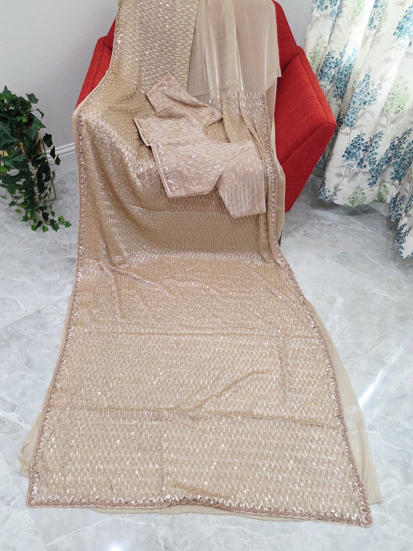 Champagne Ivory Soft Tissue Space Silk Sequin Saree with Stitched Blouse | Luxury Cocktail Party Saree