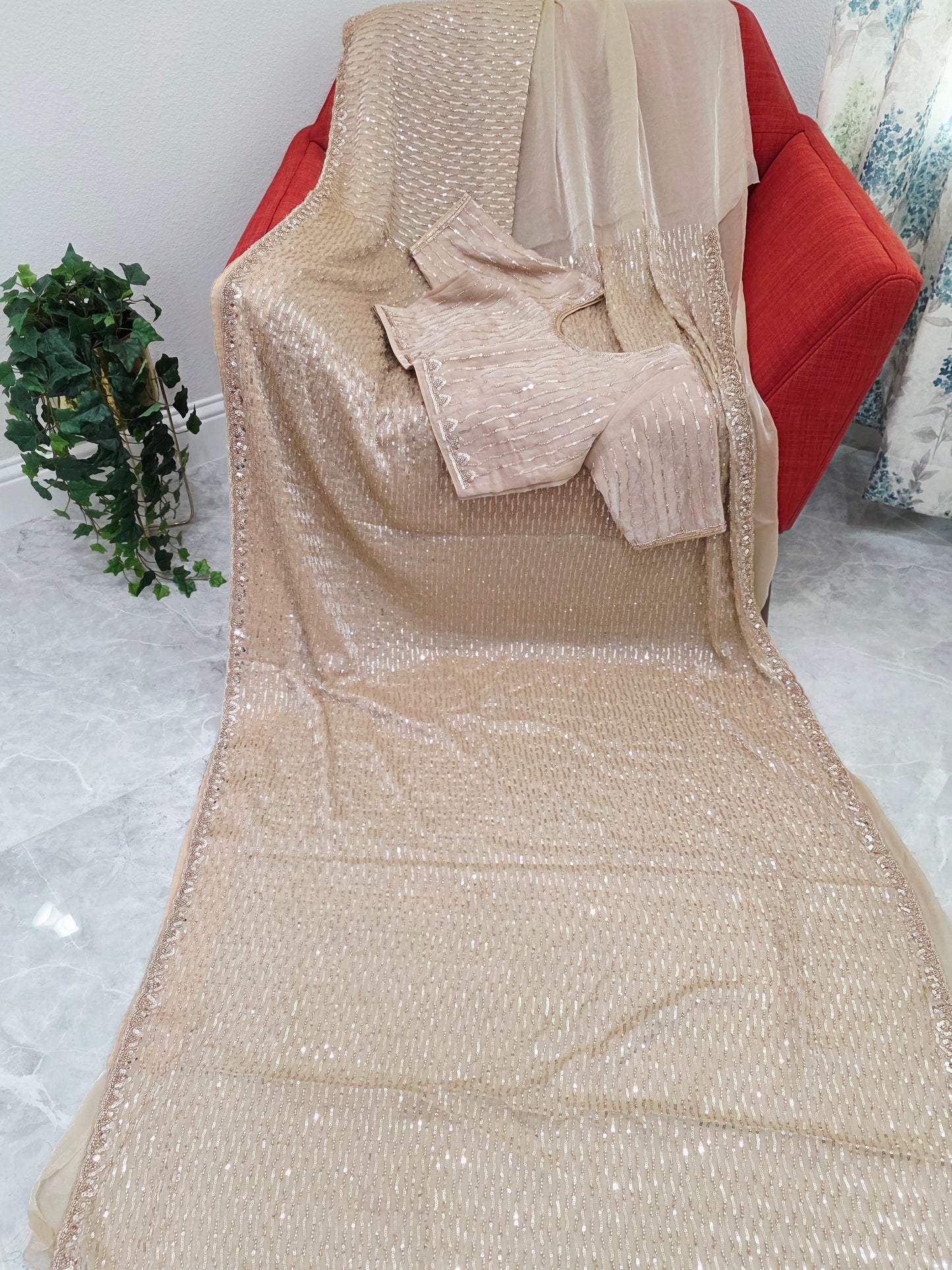 Champagne Ivory Soft Tissue Space Silk Sequin Saree with Stitched Blouse | Luxury Cocktail Party Saree