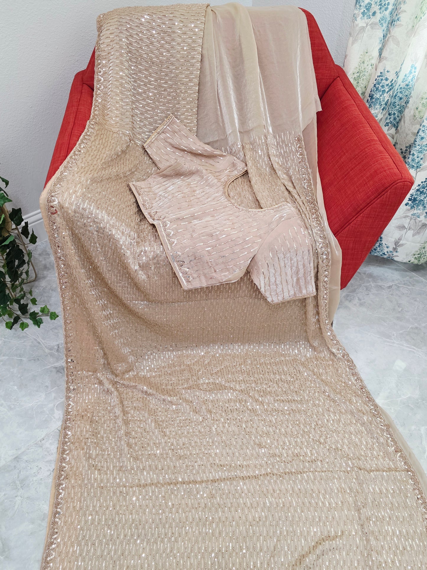 Champagne Ivory Soft Tissue Space Silk Sequin Saree with Stitched Blouse | Luxury Cocktail Party Saree