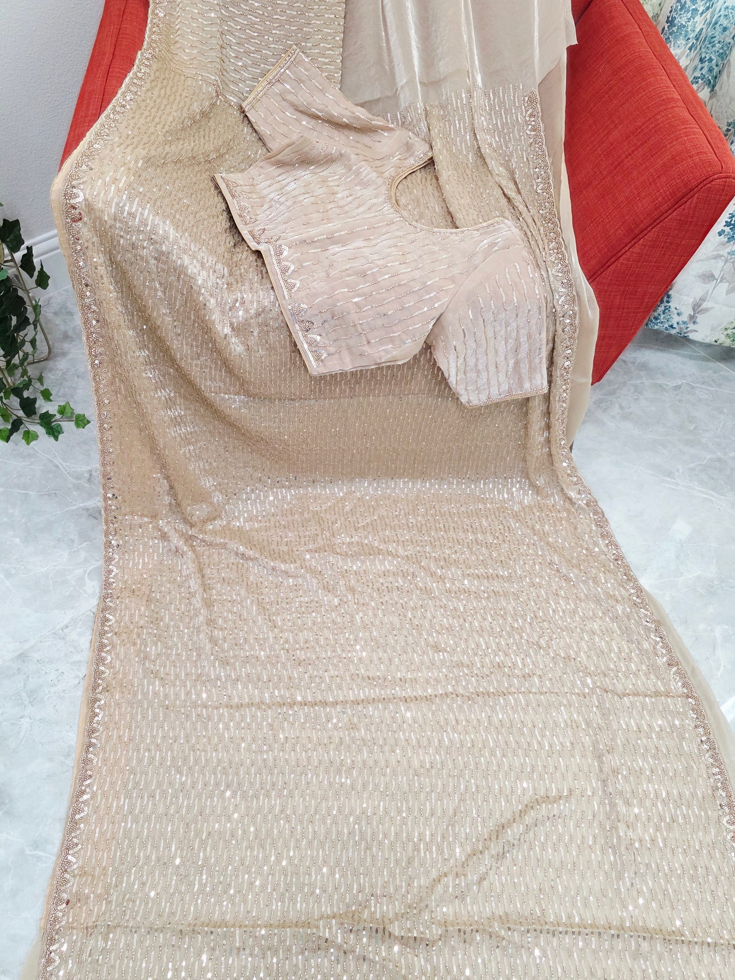 Champagne Ivory Soft Tissue Space Silk Sequin Saree with Stitched Blouse | Luxury Cocktail Party Saree
