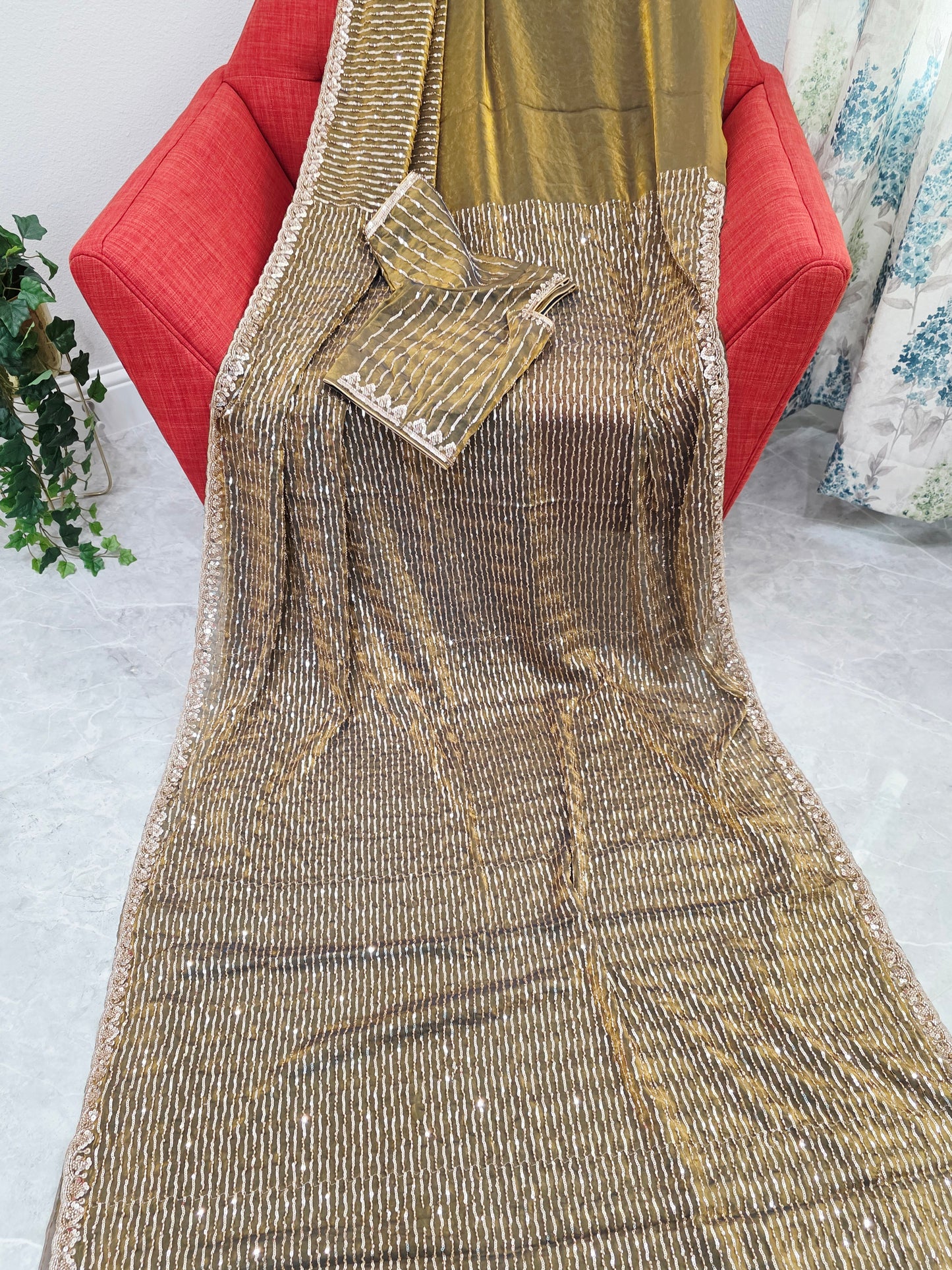 Champagne Olive Gold Soft Tissue Space Silk Sequin Saree with Stitched Blouse | Cocktail Party Saree