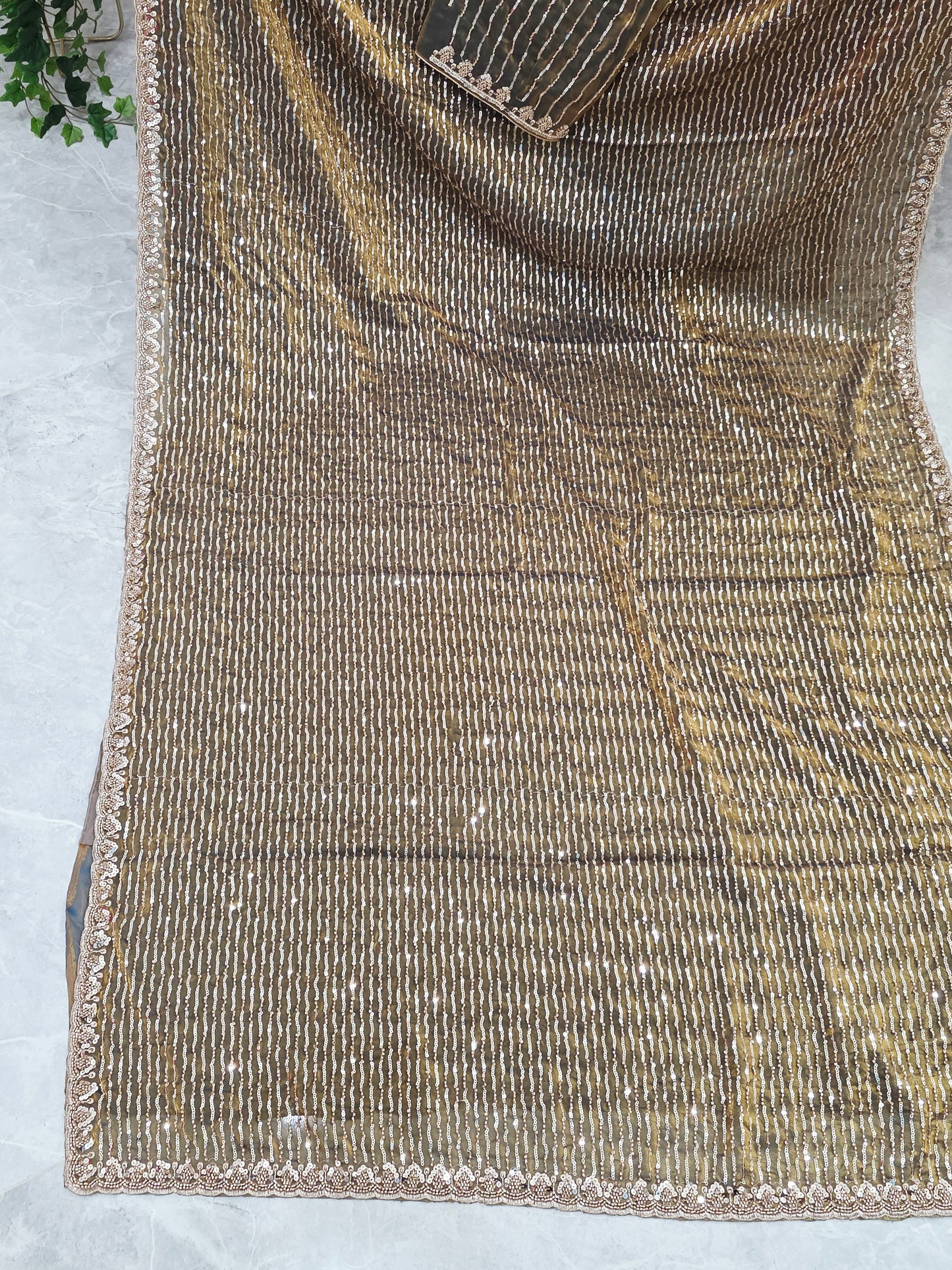 Champagne Olive Gold Soft Tissue Space Silk Sequin Saree with Stitched Blouse | Cocktail Party Saree