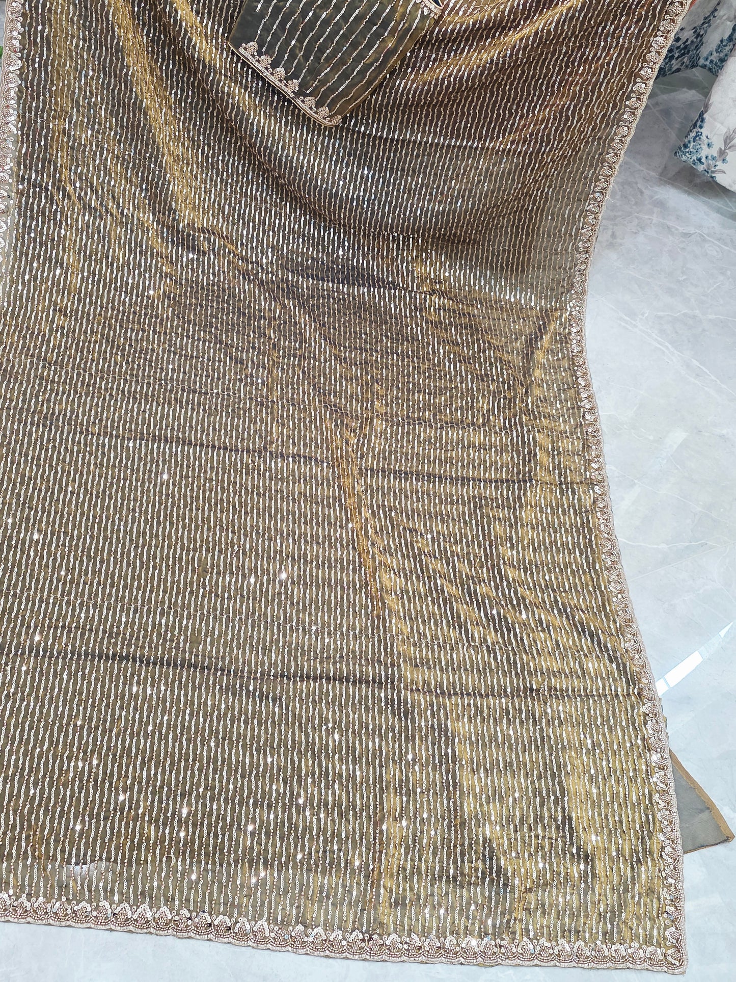 Champagne Olive Gold Soft Tissue Space Silk Sequin Saree with Stitched Blouse | Cocktail Party Saree