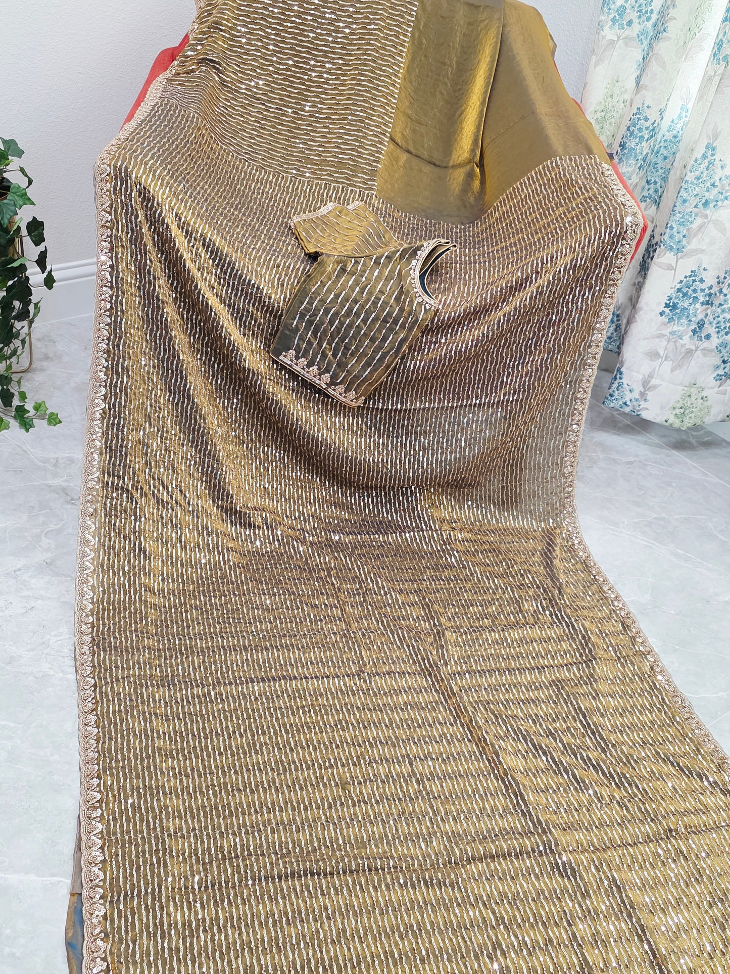 Champagne Olive Gold Soft Tissue Space Silk Sequin Saree with Stitched Blouse | Cocktail Party Saree