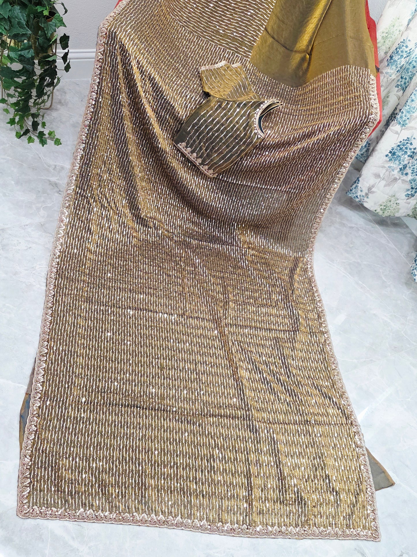 Champagne Olive Gold Soft Tissue Space Silk Sequin Saree with Stitched Blouse | Cocktail Party Saree