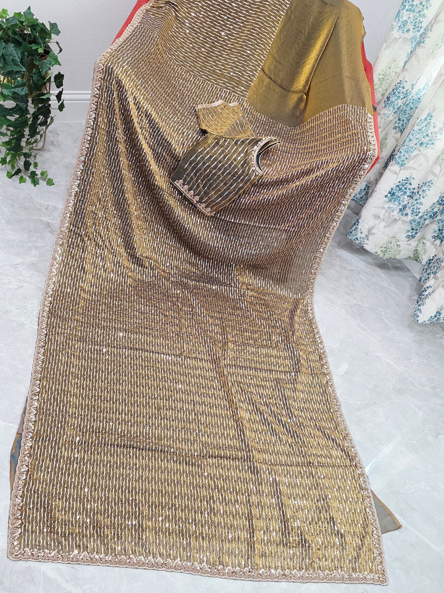 Champagne Olive Gold Soft Tissue Space Silk Sequin Saree with Stitched Blouse | Cocktail Party Saree
