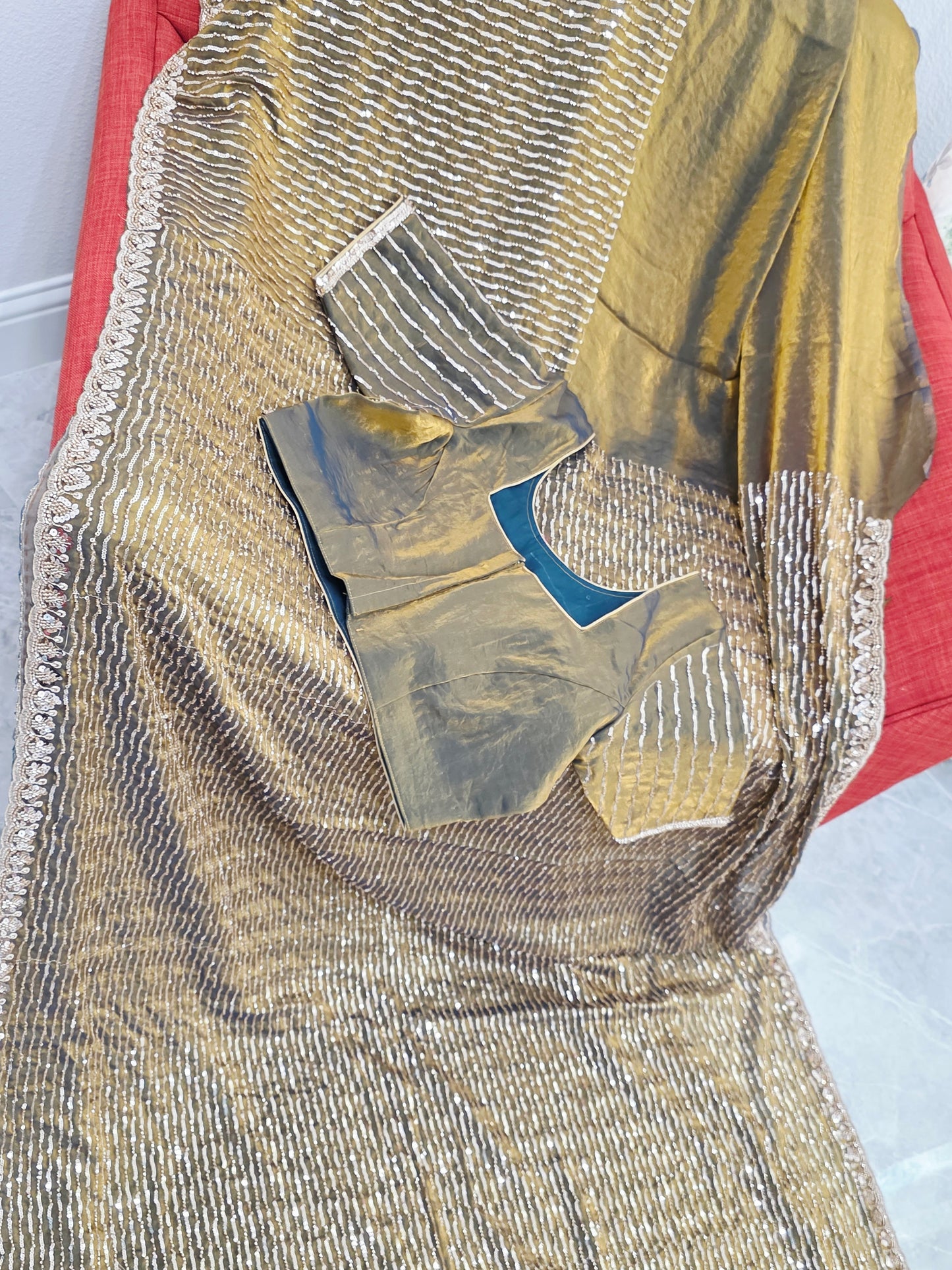 Champagne Olive Gold Soft Tissue Space Silk Sequin Saree with Stitched Blouse | Cocktail Party Saree