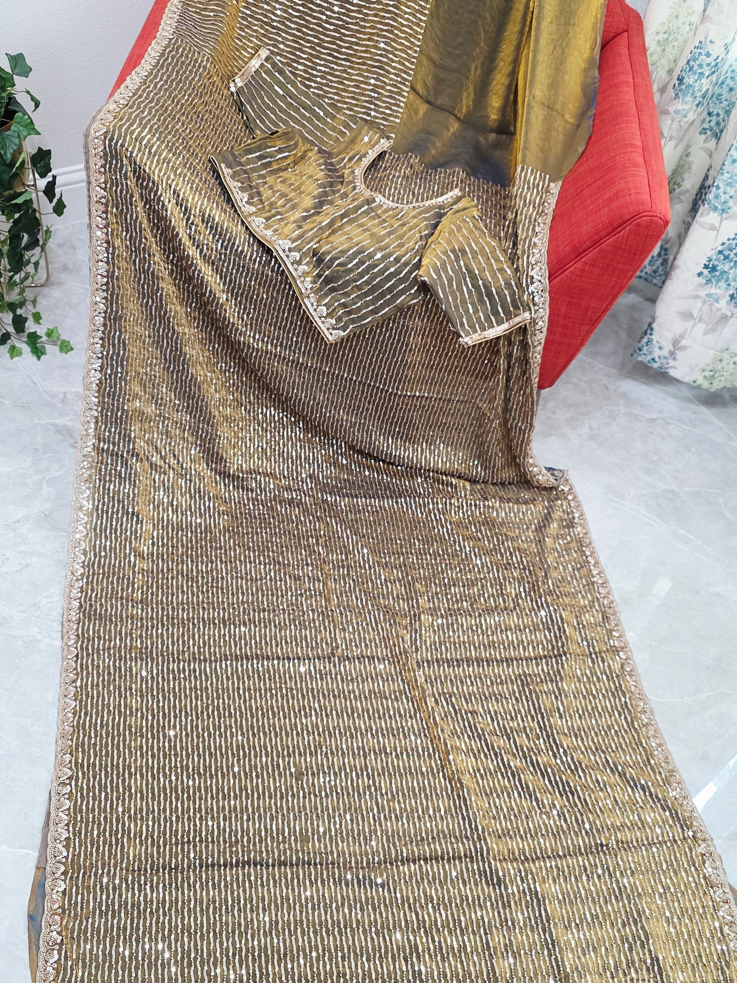 Champagne Olive Gold Soft Tissue Space Silk Sequin Saree with Stitched Blouse | Cocktail Party Saree