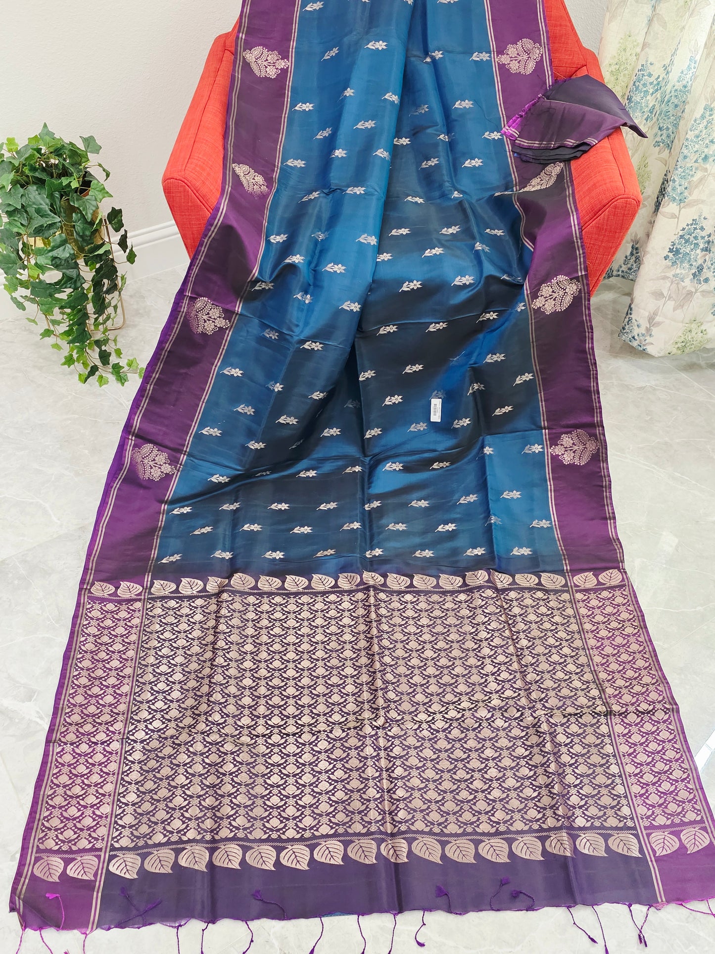 Semi Kanchi Soft Silk Saree in Peacock Teal with Purple Butta Border