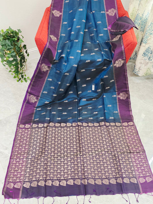 Semi Kanchi Soft Silk Saree in Peacock Teal with Purple Butta Border