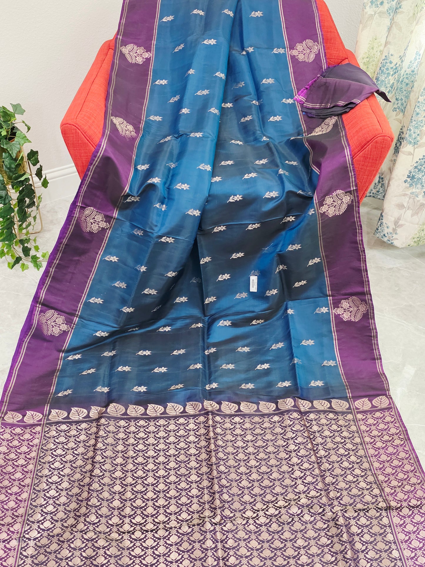 Semi Kanchi Soft Silk Saree in Peacock Teal with Purple Butta Border