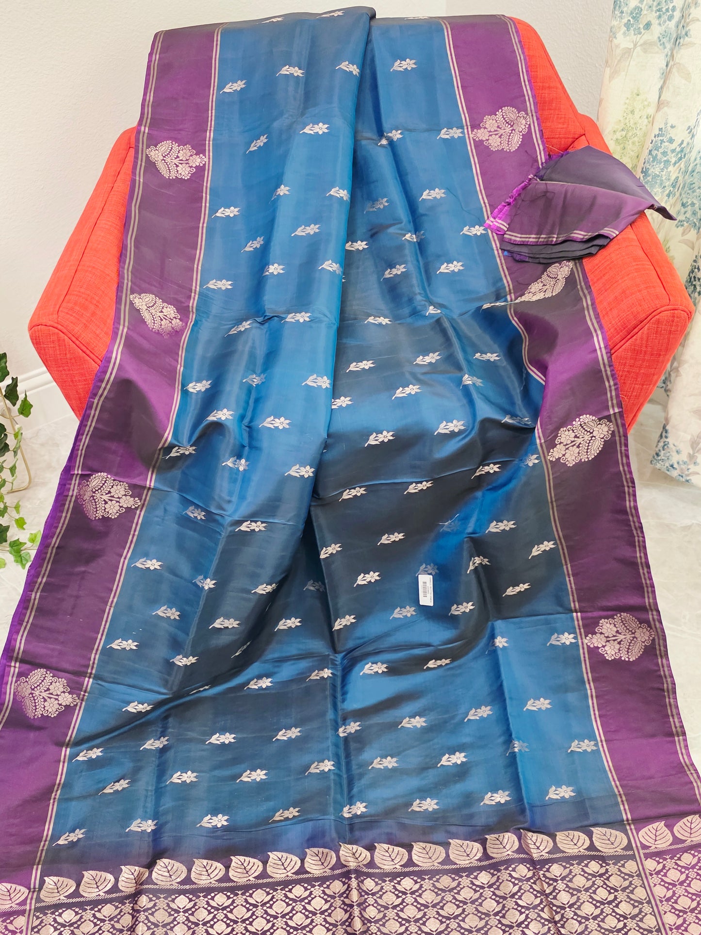 Semi Kanchi Soft Silk Saree in Peacock Teal with Purple Butta Border