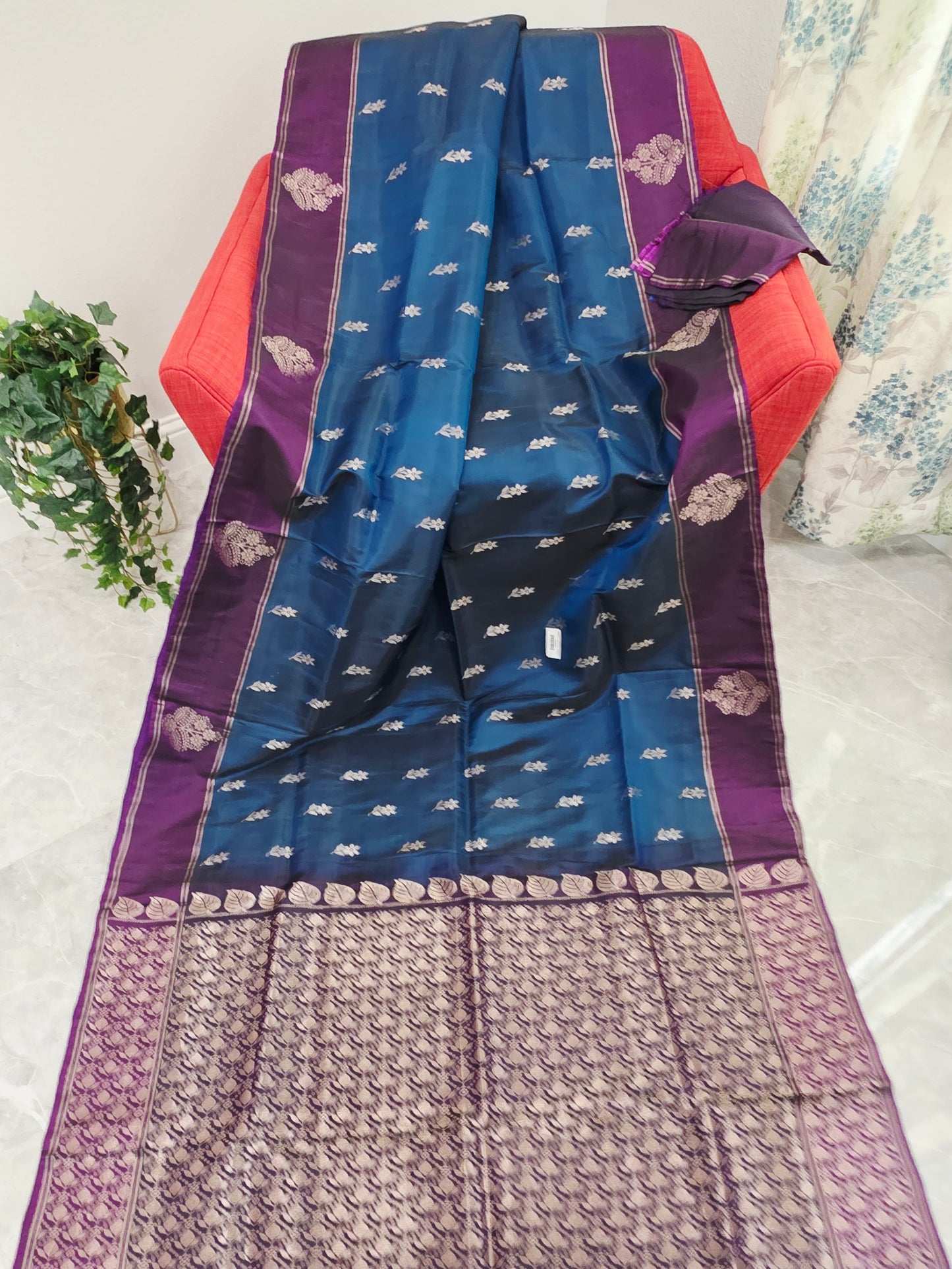Semi Kanchi Soft Silk Saree in Peacock Teal with Purple Butta Border