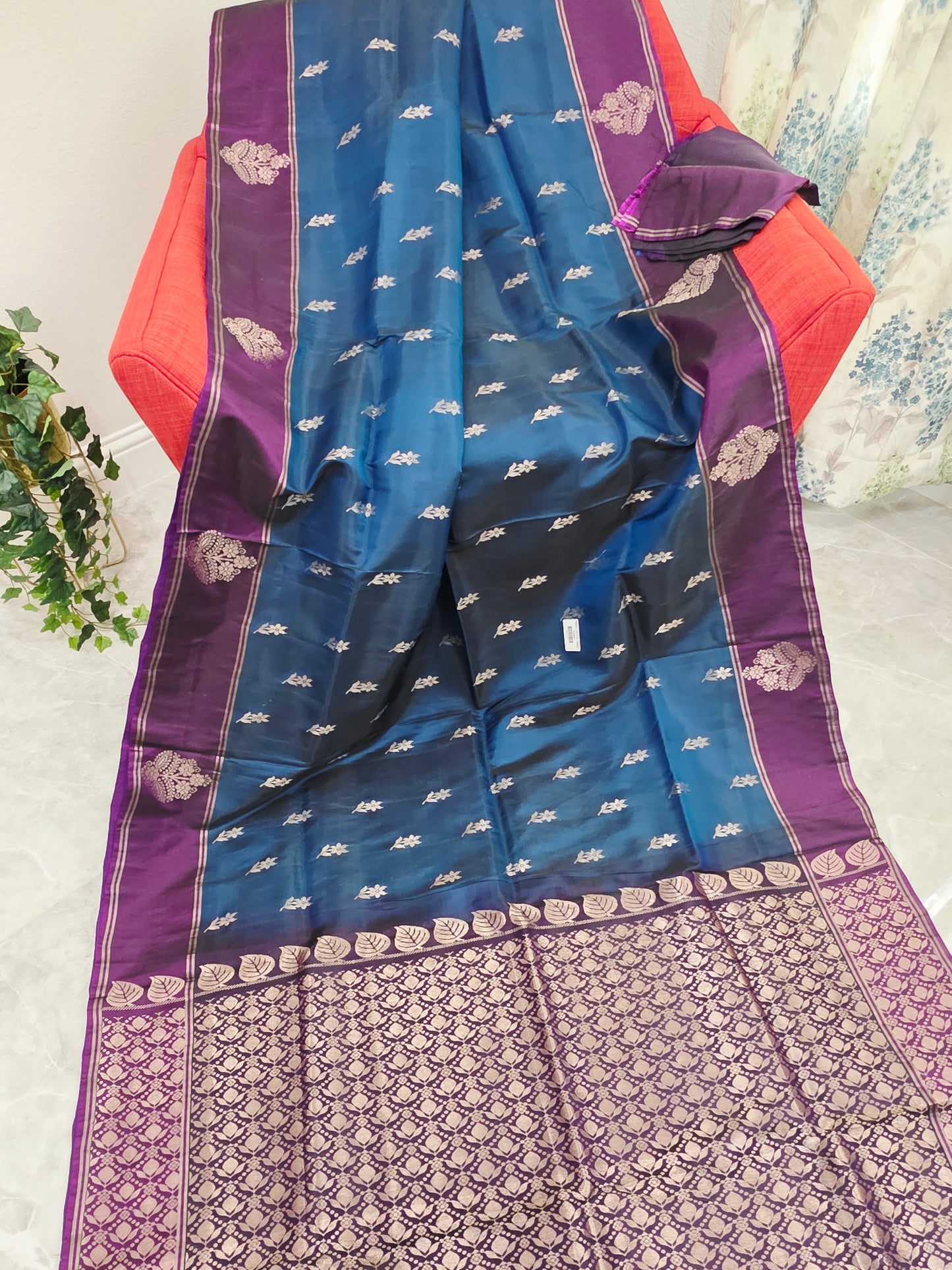 Semi Kanchi Soft Silk Saree in Peacock Teal with Purple Butta Border