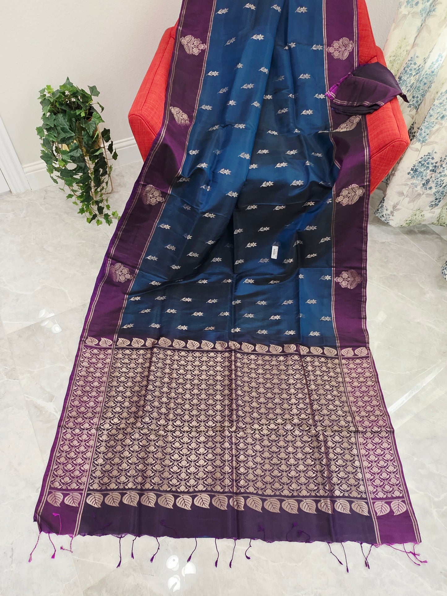Semi Kanchi Soft Silk Saree in Peacock Teal with Purple Butta Border