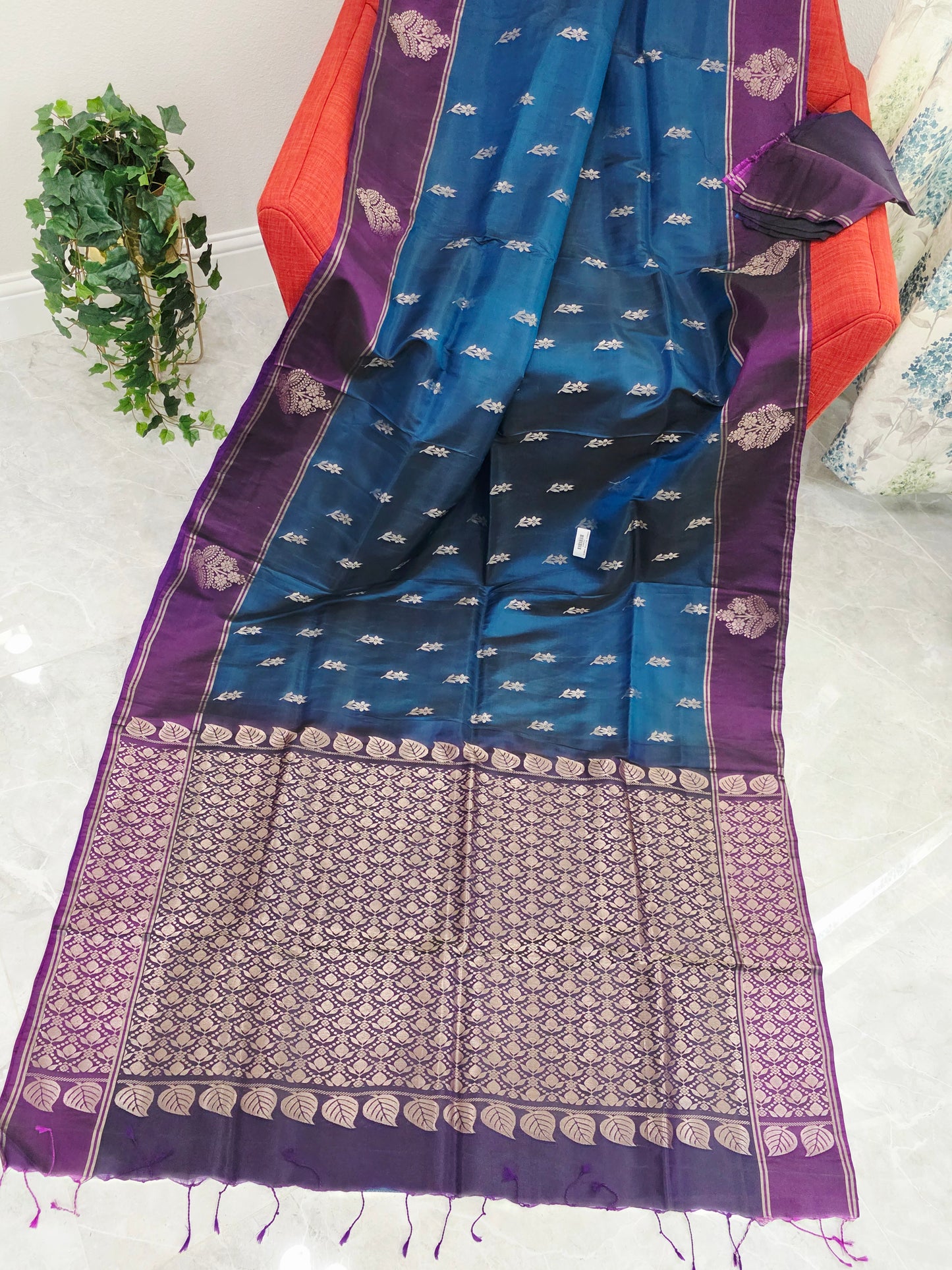 Semi Kanchi Soft Silk Saree in Peacock Teal with Purple Butta Border