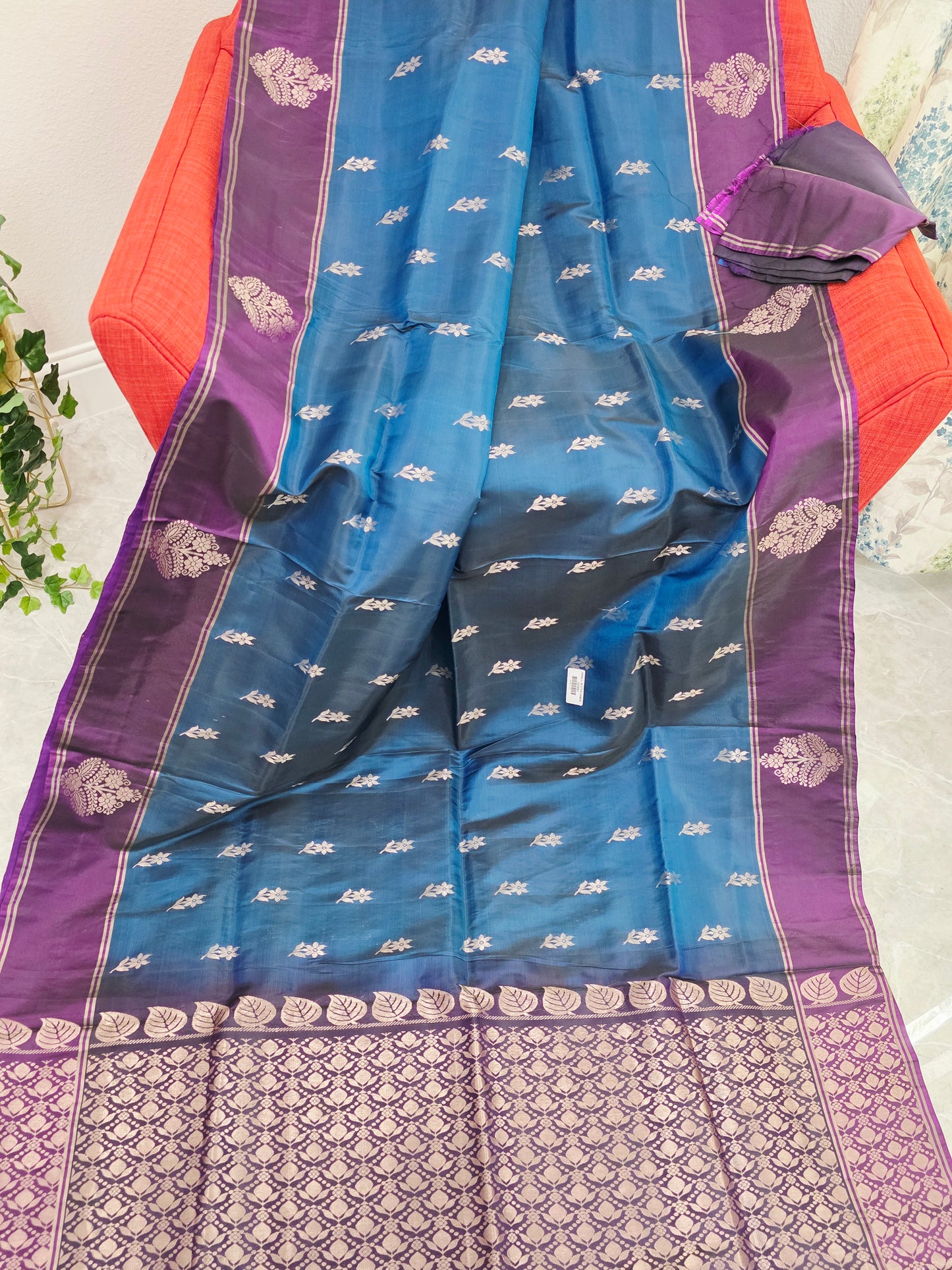 Semi Kanchi Soft Silk Saree in Peacock Teal with Purple Butta Border