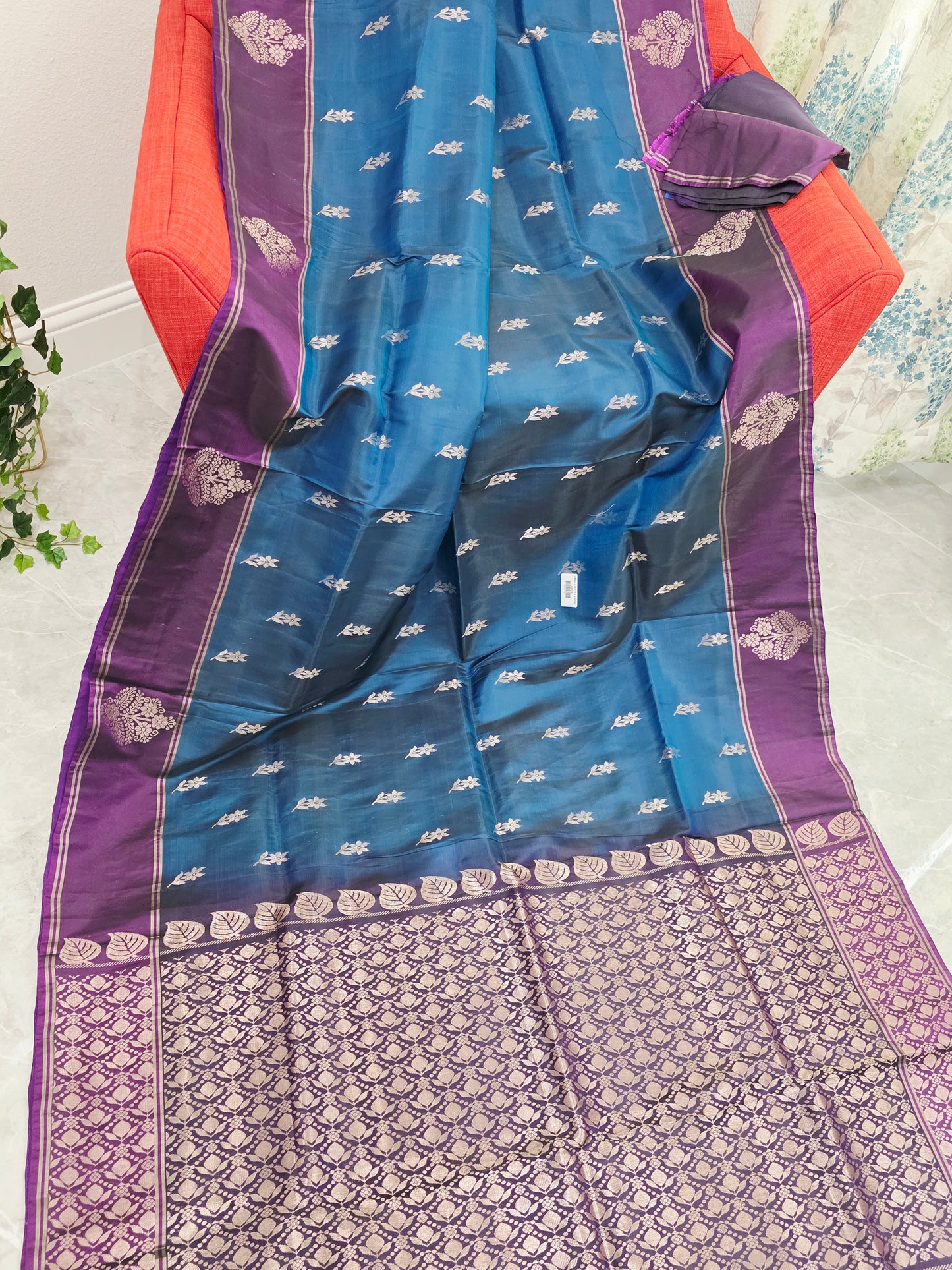 Semi Kanchi Soft Silk Saree in Peacock Teal with Purple Butta Border