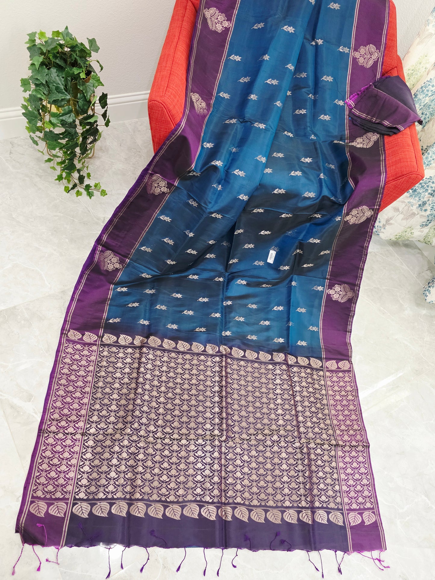 Semi Kanchi Soft Silk Saree in Peacock Teal with Purple Butta Border