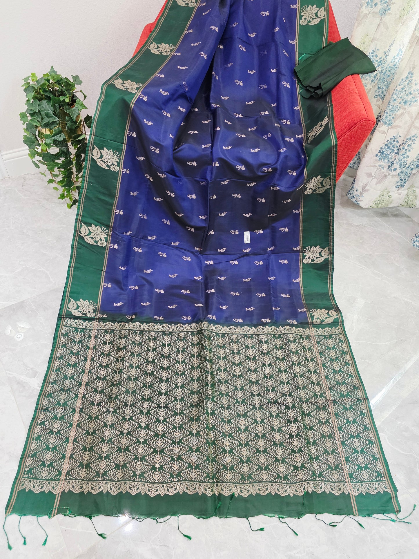 Royal Sapphire Blue Semi Kanchi Soft Silk Saree with Stitched Benarasi Blouse