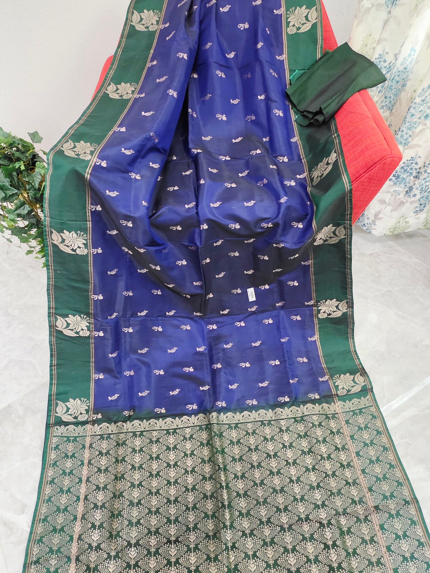Royal Sapphire Blue Semi Kanchi Soft Silk Saree with Stitched Benarasi Blouse
