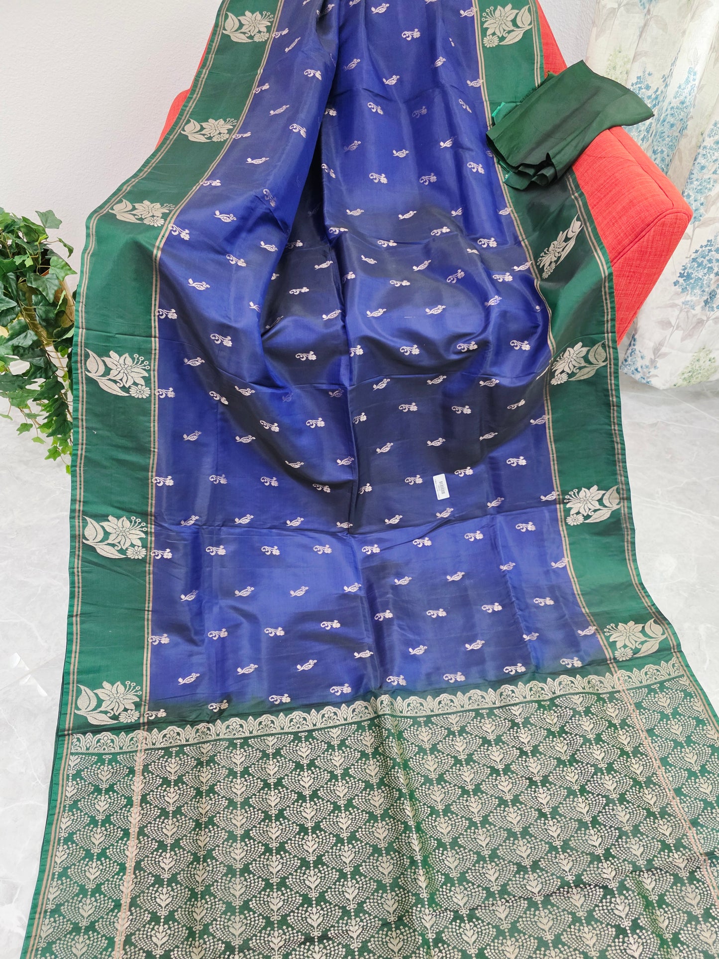 Royal Sapphire Blue Semi Kanchi Soft Silk Saree with Stitched Benarasi Blouse
