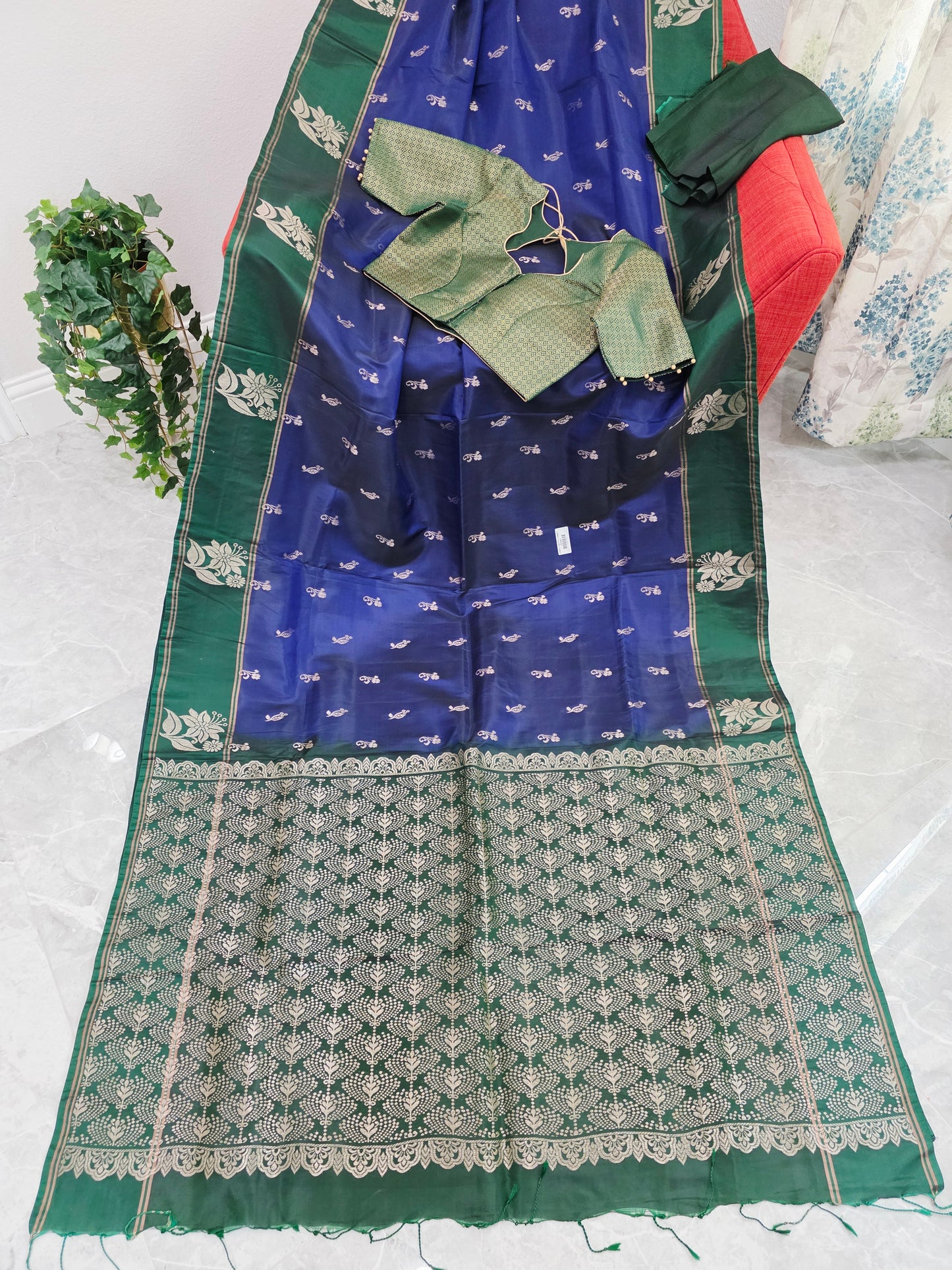 Royal Sapphire Blue Semi Kanchi Soft Silk Saree with Stitched Benarasi Blouse