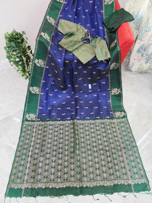Royal Sapphire Blue Semi Kanchi Soft Silk Saree with Stitched Benarasi Blouse