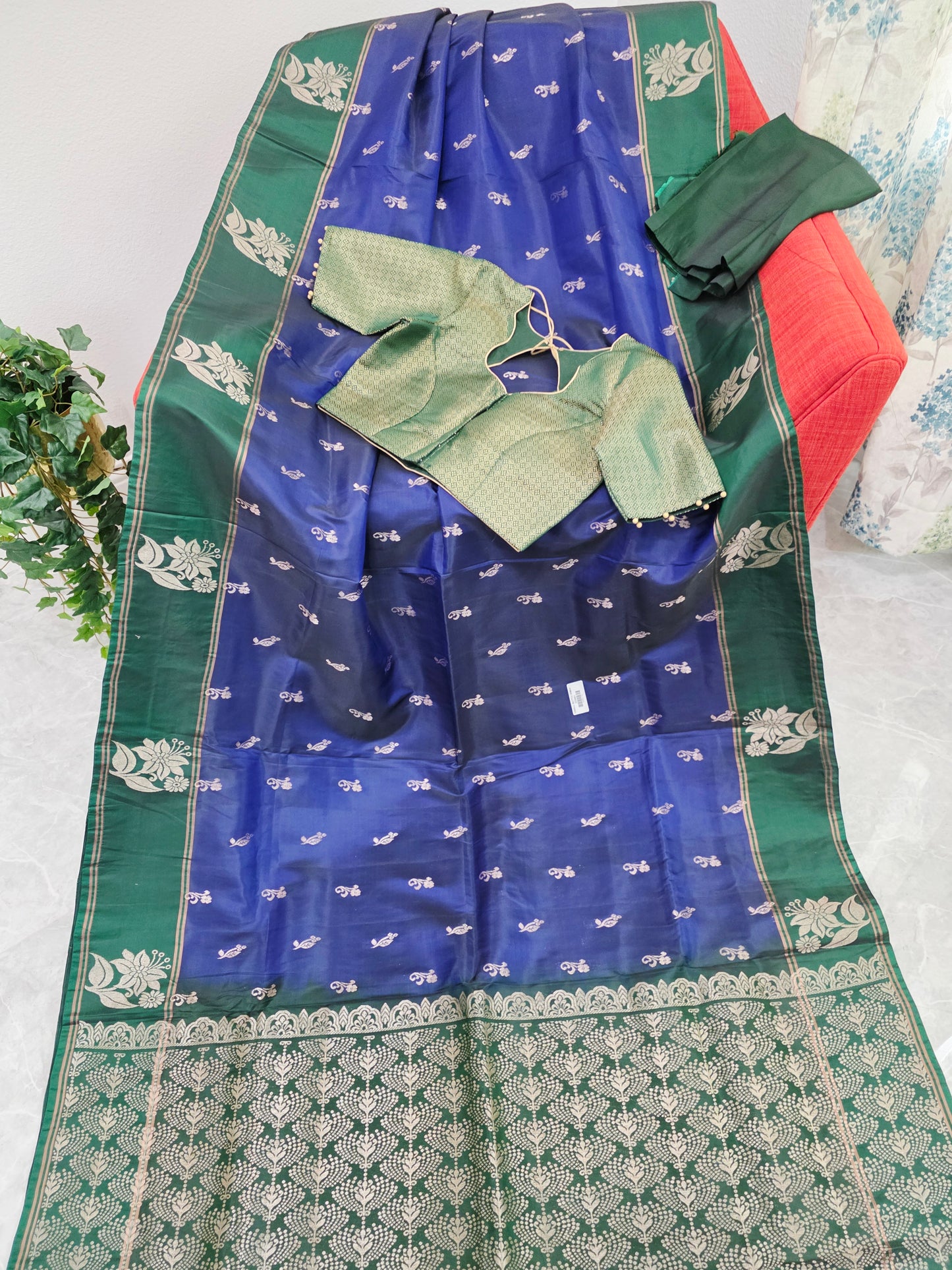 Royal Sapphire Blue Semi Kanchi Soft Silk Saree with Stitched Benarasi Blouse