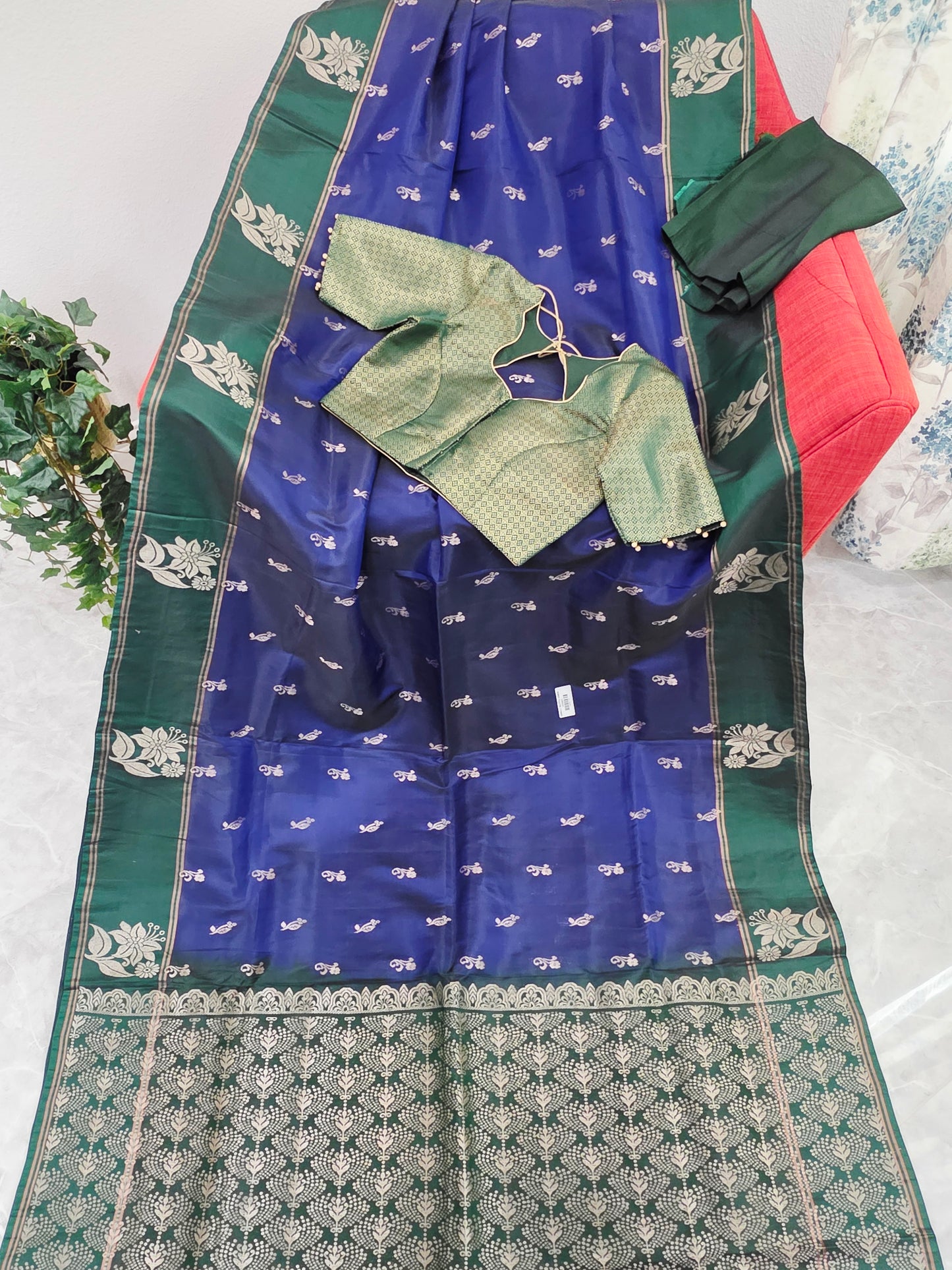 Royal Sapphire Blue Semi Kanchi Soft Silk Saree with Stitched Benarasi Blouse