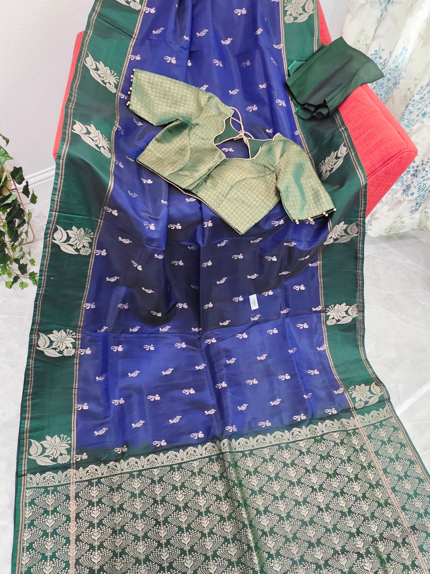 Royal Sapphire Blue Semi Kanchi Soft Silk Saree with Stitched Benarasi Blouse