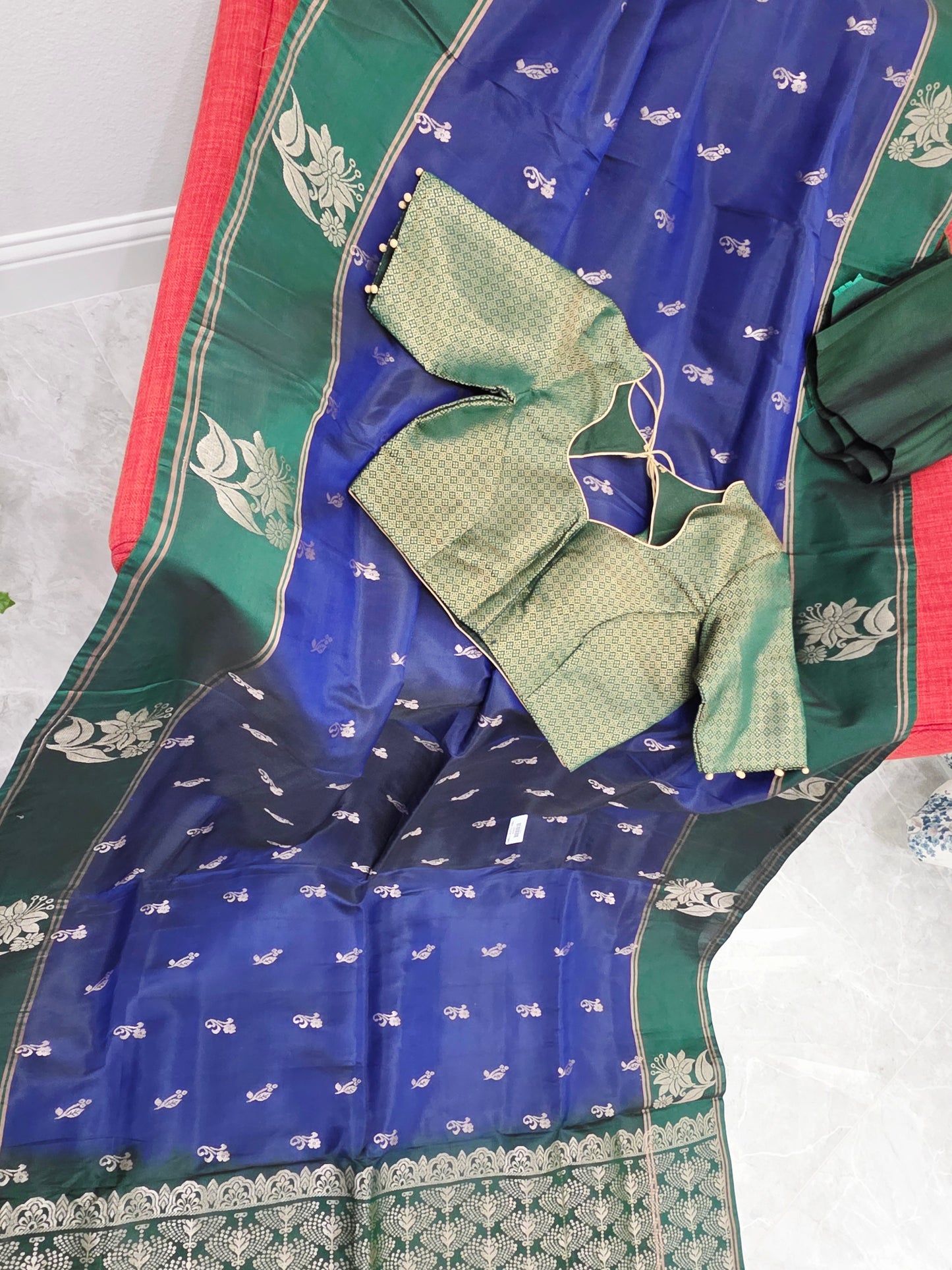 Royal Sapphire Blue Semi Kanchi Soft Silk Saree with Stitched Benarasi Blouse