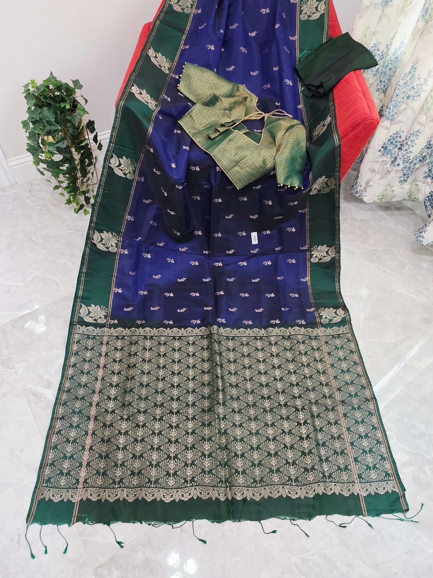 Royal Sapphire Blue Semi Kanchi Soft Silk Saree with Stitched Benarasi Blouse