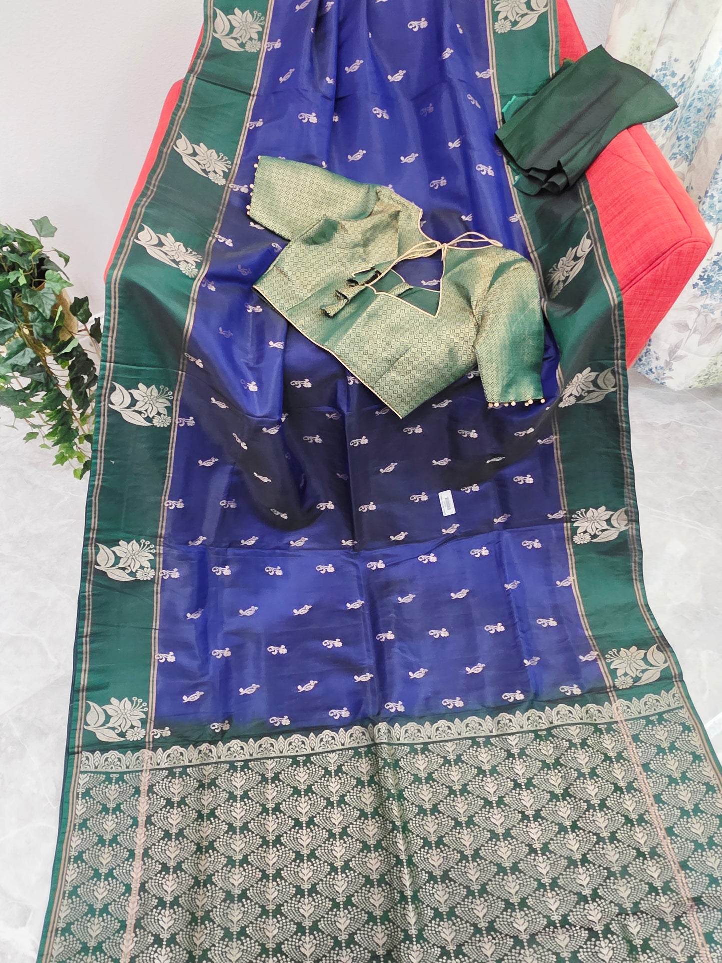 Royal Sapphire Blue Semi Kanchi Soft Silk Saree with Stitched Benarasi Blouse